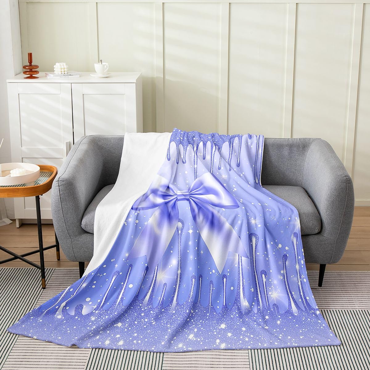 Castle Fairy Cute Bowknot Fleece Blanket,Princess Romantic Bow Tie Plush Blanket for Kids Teens,Lovely Room Decor,Glitter Purple Bedding Set,Twin 60"x80"