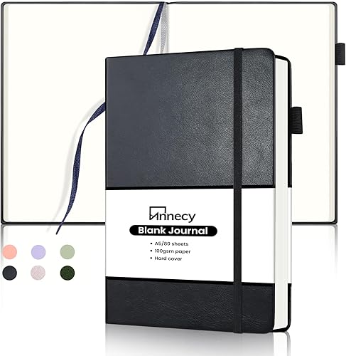 Annecy Cuaderno de diario en blanco, mediano de 5.5 x 8.25, 160 páginas de papel de escritura de 100 GSM, cubierta de piel sintética negra A5 con