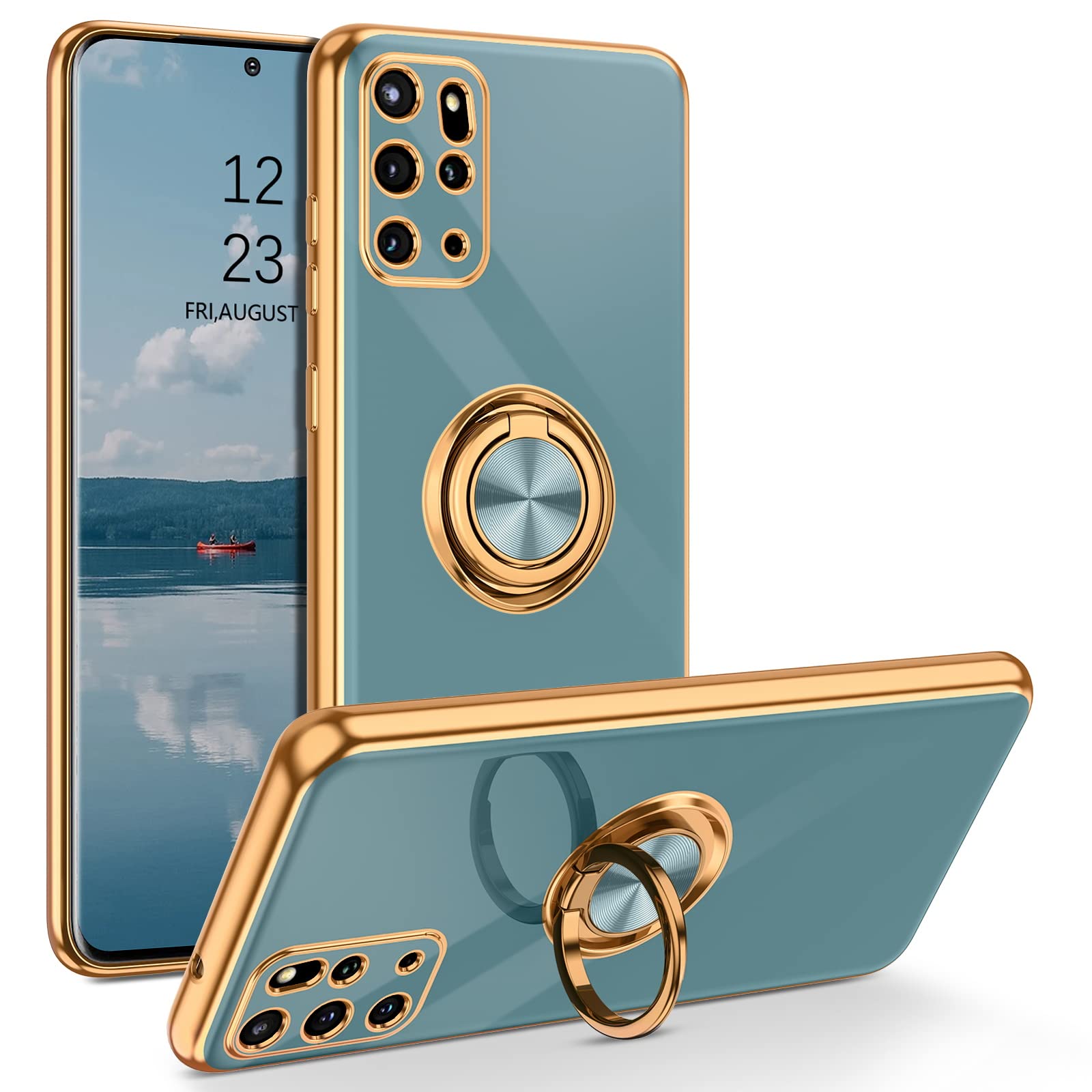 DUEDUE Samsung Galaxy S20 Plus Case with Ring Holder Kickstand 360 Degree Rotation Magnetic Car Finger Soft TPU Slim Cover Shockproof Protective Phone Case for Samsung S20 Plus 6.7", Gray Green