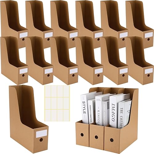Geyee Paquete de 12 soportes plegables para archivadores de revistas con soportes para etiquetas, tamaño mediano y grande, de cartón, organizador de