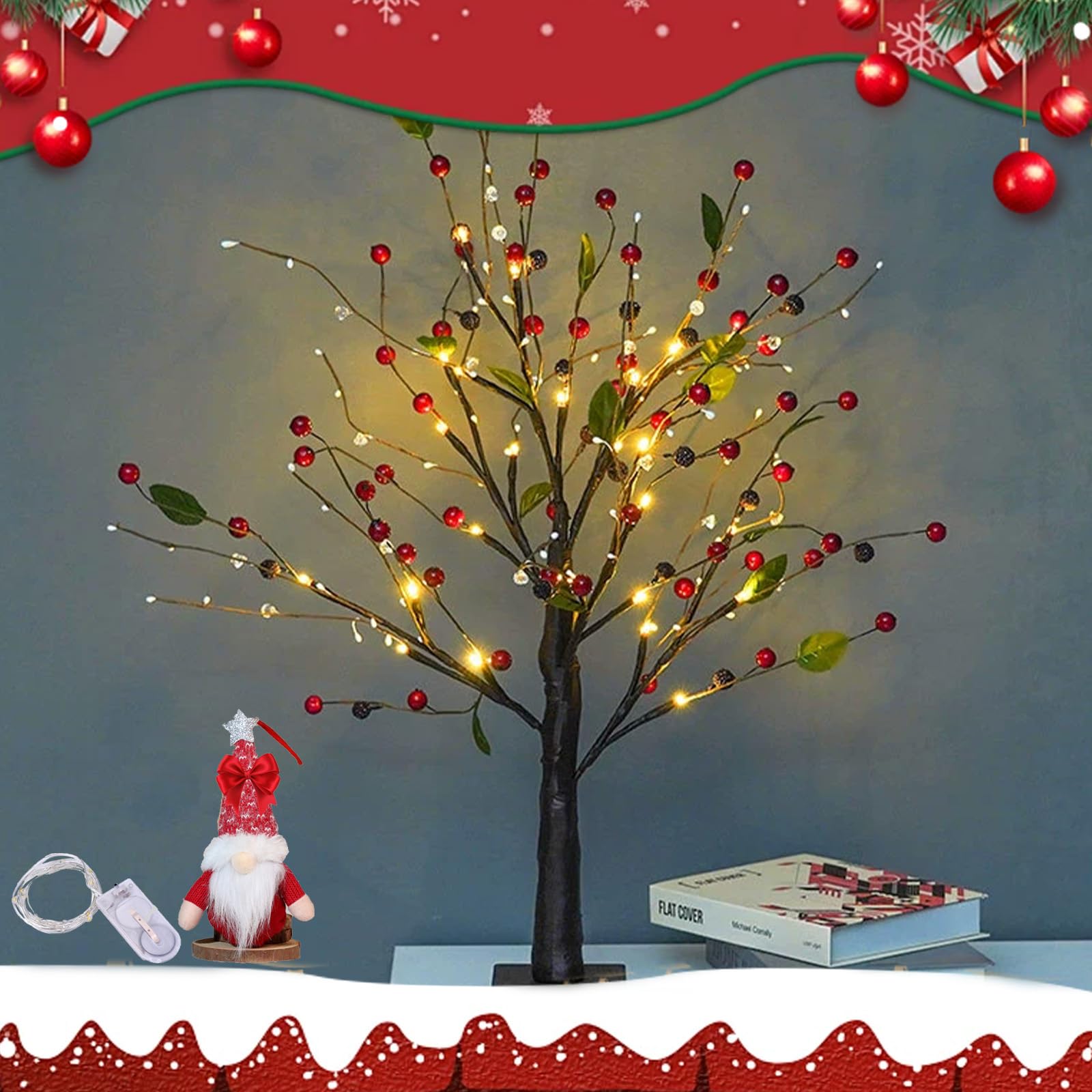 Qosneoun Berries Red Berry Blossom Twinkling Tree With Lights, 24 Led Tabletop Lighted Bonsai Tree With 48 Reds Artificial Bonsai Lamps With Lights For Christmas, Xmas Tabletop Decor (Berries)