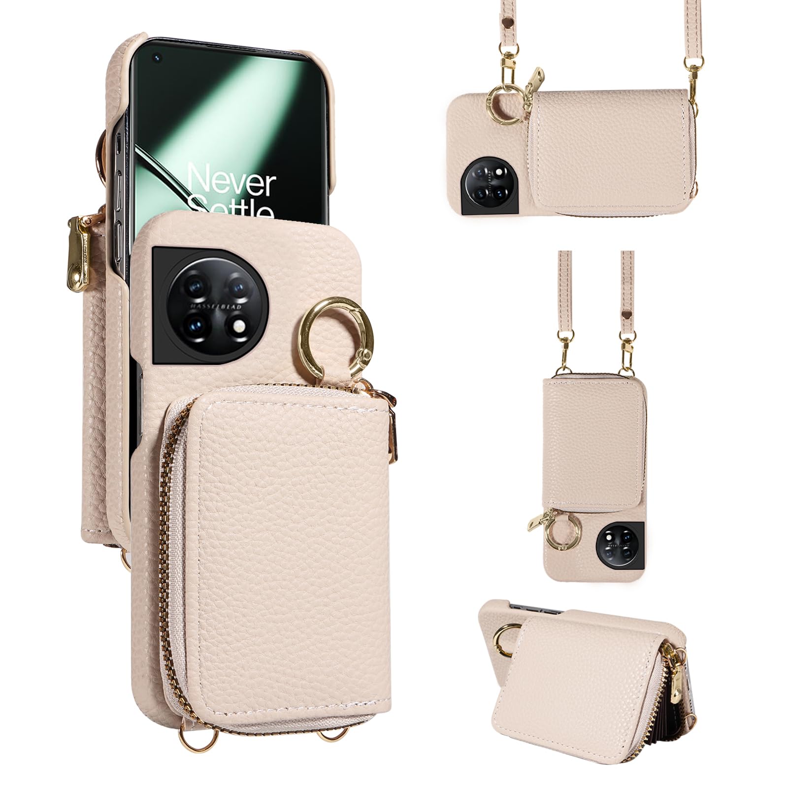 Furiet Wallet Case for OnePlus 11 5G with Shoulder Strap Ring Buckle, Luxury PU Leather Zipper Flip Organ Purse, Credit Card Holder Stand Cell Phone