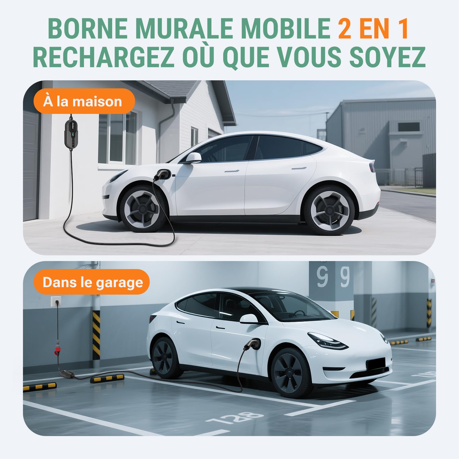 AIMILER Chargeur Voiture Electrique 11kW APP 8-16A 7,6M Borne de Recharge Véhicule Électrique Triphasé Numérique OLED IP66 avec Type 2 Compatible avec Support Mural avec Model 3/Y, EX30, et PHEVs