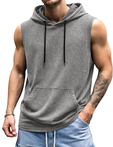 JMIERR Men's Cotton Sleeveless Hooded Tank Top with Pocket |