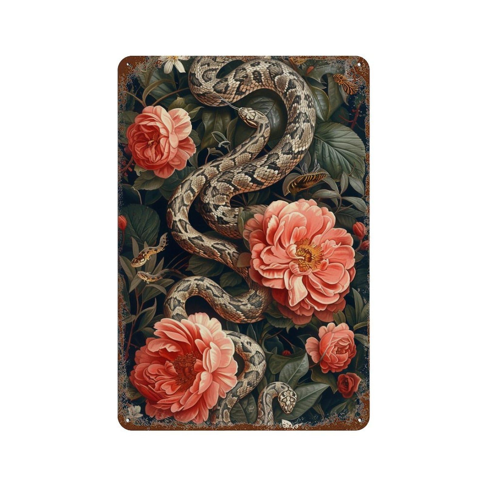 Rust Effect Snake in Flowers Weathered Tin Sign 11.8"x7.9", Farmhouse Wall Decor for Farmhouse, Kitchen And Entryway Decor