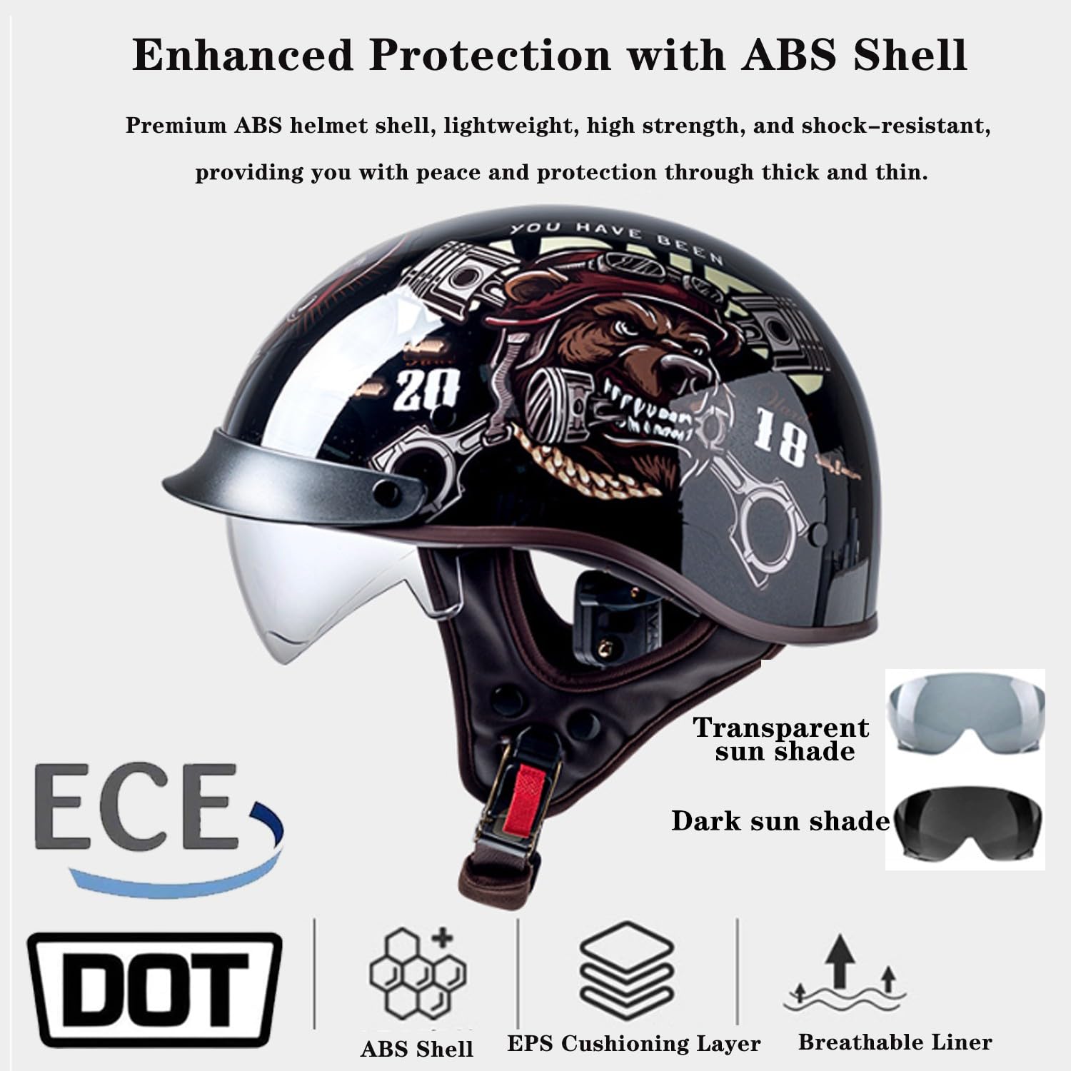 Mezzo Casco Moto Retro Certificato DOT & ECE Con Visiera Unisex Adulti