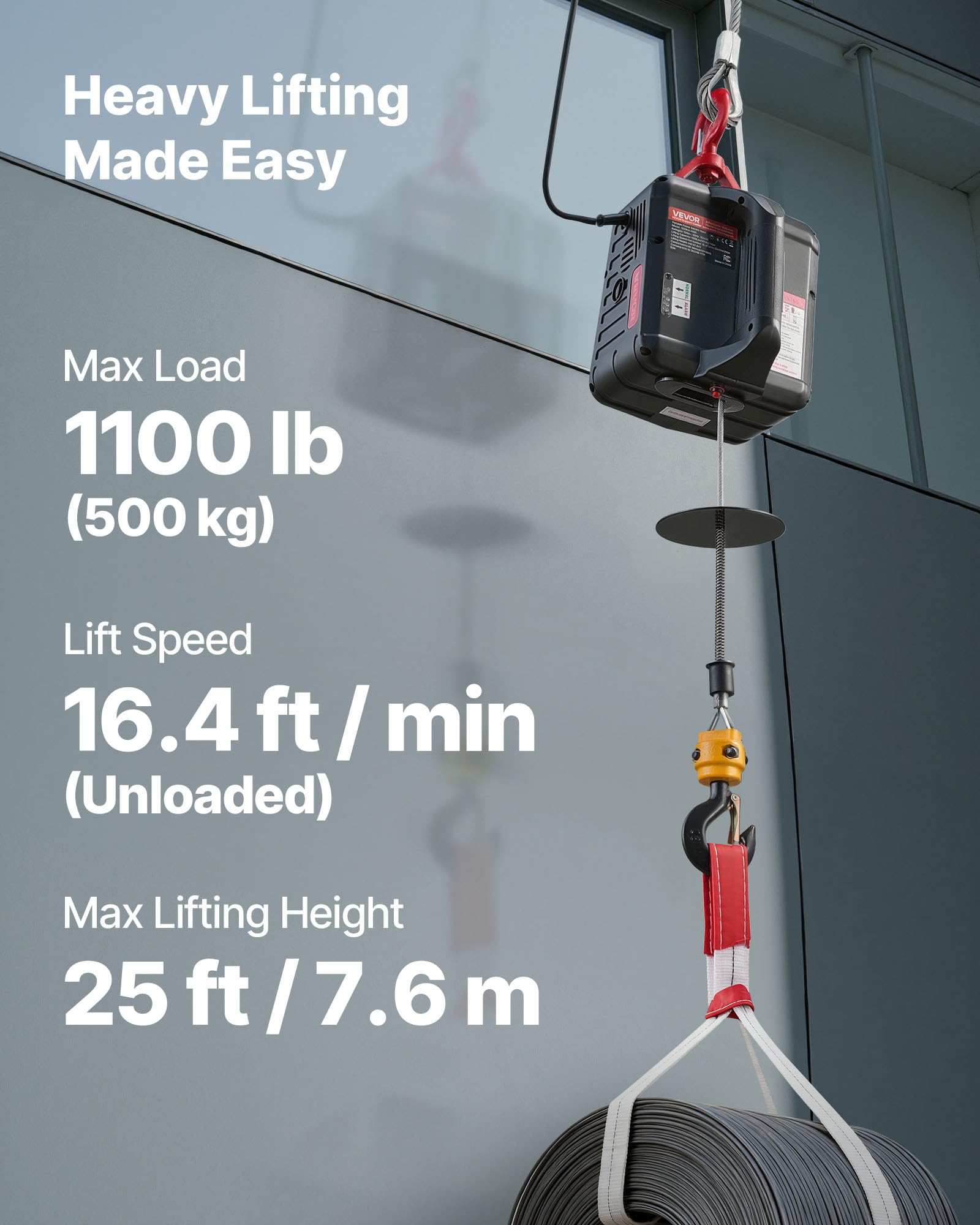 VEVOR Verricello Paranco Elettrico per Sollevamento di Carico, Capacità max. 500 kg, Argano Portatile da 1500 W, Altezza di Sollevamento 7,6 m, Telecomando Manuale e Wireless da Officina Garage