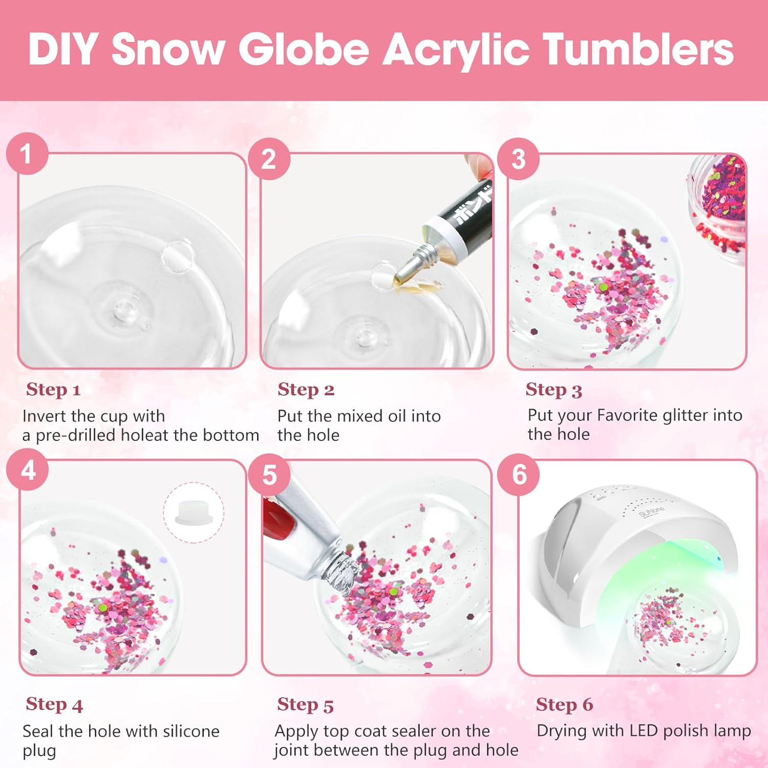 8 Pack Acrylic Snow Globe Tumbler, 20oz Snowglobe Cups with Pre Drilled Hole, Double Wall Plastic Cups Blanks with Colorful Lid and Plastic Straw, Glitter Snow Globe Cup for DIY Gift - Image 4