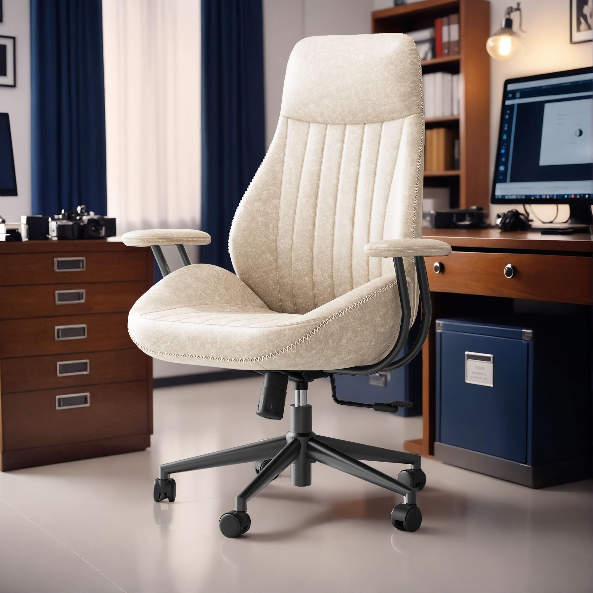 CAODOC High Back Office Chair,Modern Swivel Office Chair,Brown Suede Fabric Gaming Chair,Height Adjustable Home Office Desk Chair with Lumbar Support