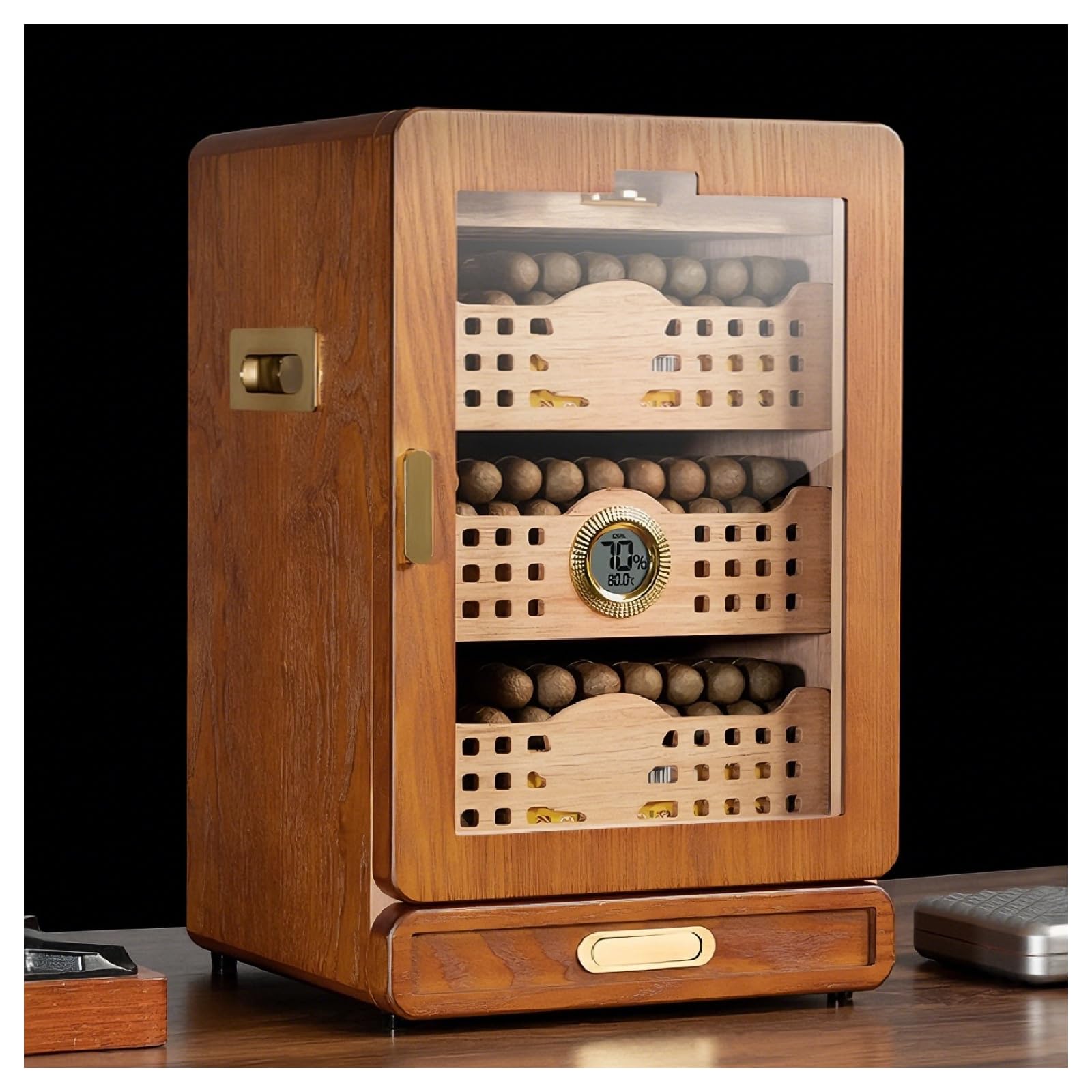 Humidor na cygara, mieści 150 cygar, kompaktowy humidor z drewna cedrowego z regulowanym nawilżaczem i elektronicznym higrometrem, zaprojektowany dla miłośników cygar.