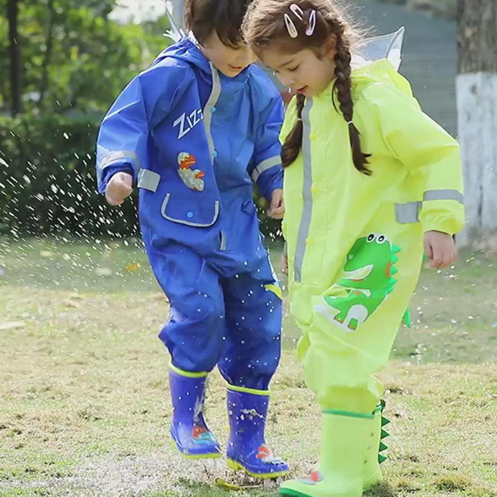 Generico Pantaloni E Giacca Impermeabile Bambino,Baby Dinosaur Raincoat Tuta Antipioggia Tuta Carina Giacca Antipioggia Siamesi Camo Impermeabile Rivestito In Durevole Colorato Kid