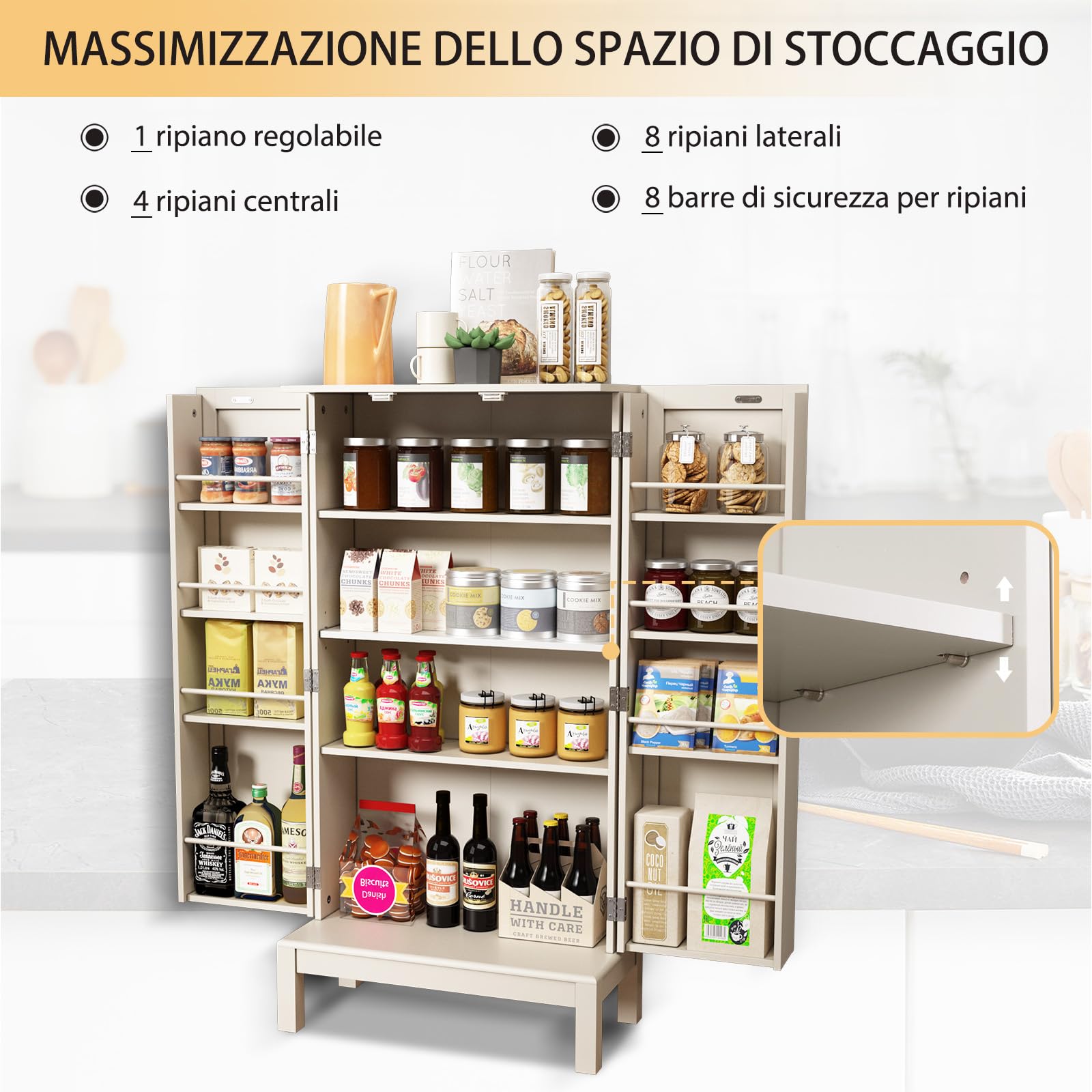 HOLTICO Dispensa da Cucina con Ripiani Regolabili, Piedini Dorati e Ante Decorate, Armadietto Autoportante per Soggiorno, Camera da Letto, Bagno, Sala Pranzo e Garage, Avorio Naturale Senza Dorature