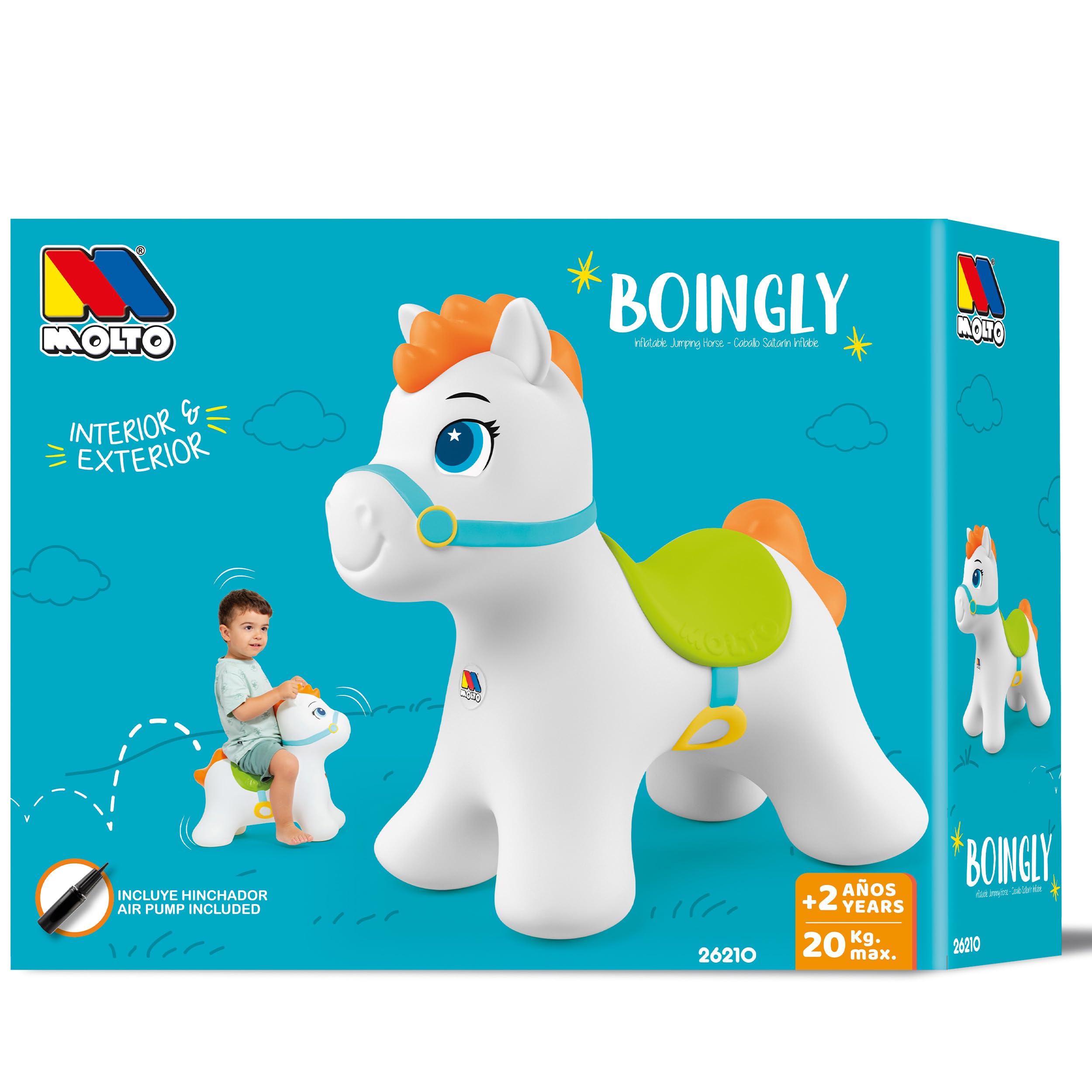 MOLTO | Caballo Saltarín Boingly, Animal Saltarín con Agarre Seguro, Caballo Hinchable para Interior o Exterior, Incluye Hinchador, hasta 20 Kg, Juguete Infantil, + 2 Años