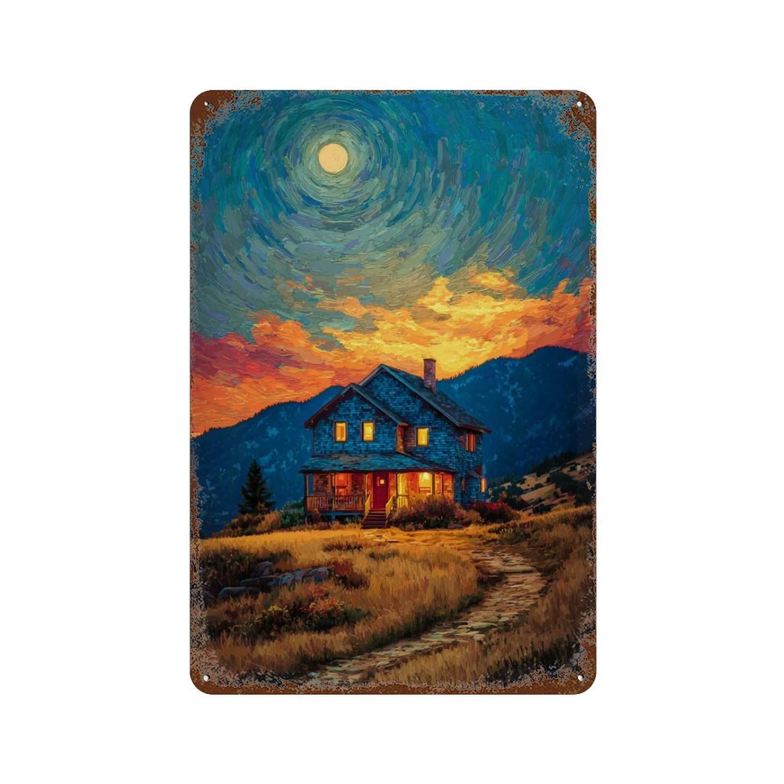 Garage Style Moonlit Cabin in Mountains Distressed Metal Wall Sign 11.8"x7.9", Classic Wall Plaque for Bar And Workshop
