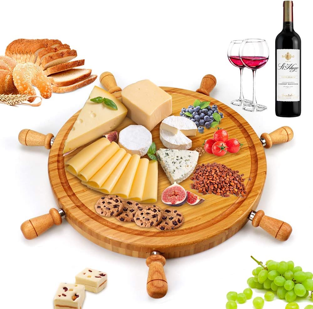 Unique Cheese Board,Natural Bamboo Cheese Tray,Charcuterie Board: includes 6 Cheese Knives,Large Round Size Cutlery Set for Wine, Crackers and Meat, House Warming Gift & Perfect Choice for Gourmets