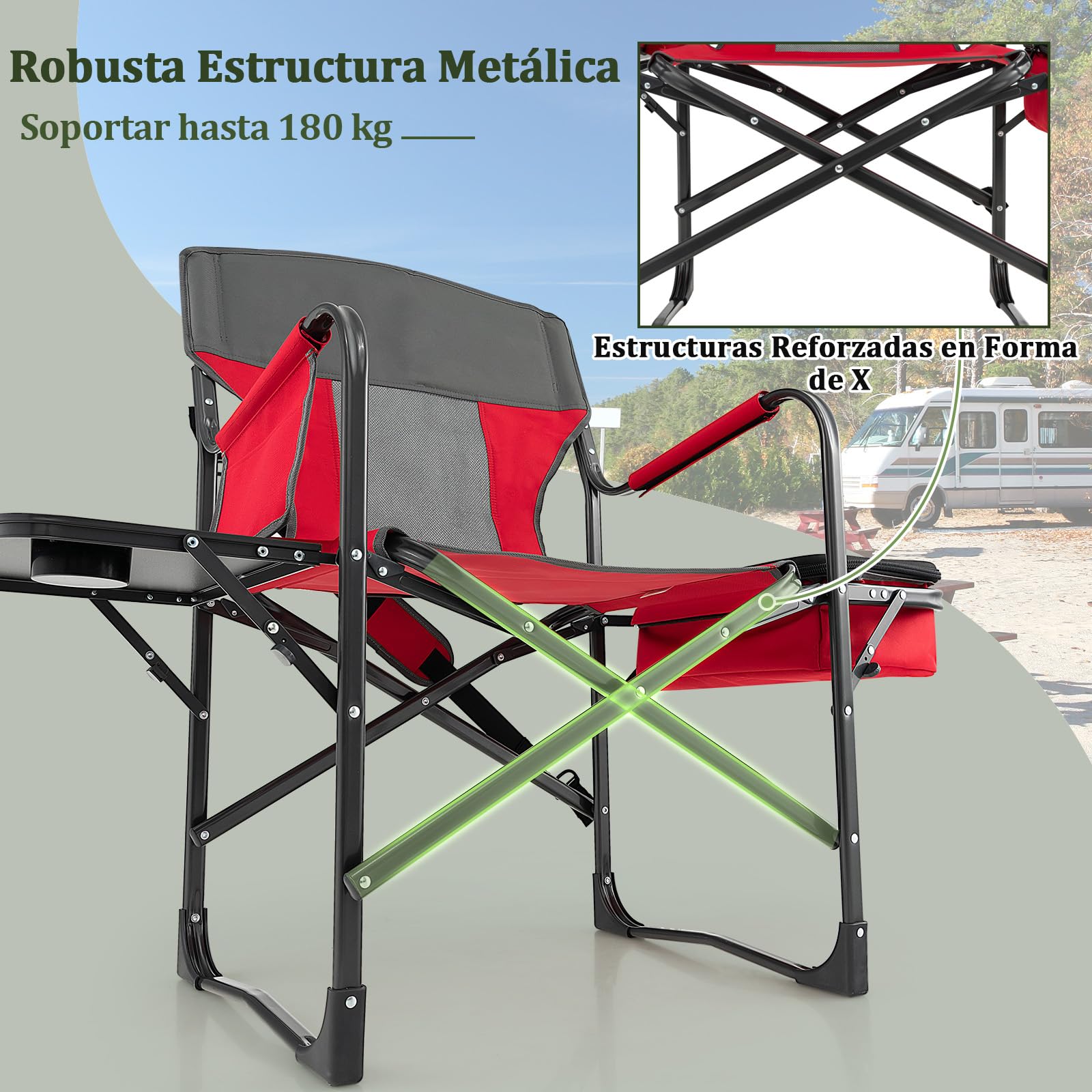 GOPLUS Silla Alta de Director, Silla Plegable para Maquillaje con Mesa Lateral, Portavasos, Bolsillo de Almacenaje, Bolsa de Malla y Reposapiés, Carga150 kg, Ligera para Camping (Rojo+Gris)