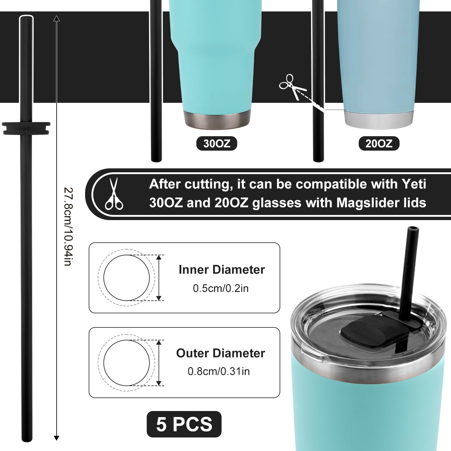5pcs Silicone Straw for Yeti Rambler 30/20/10oz,Reusable Straws for Yeti Tumbler with Magslider Lid ,Yeti Accessories,Replacement Straws,BPA Free (Black) - Image 2