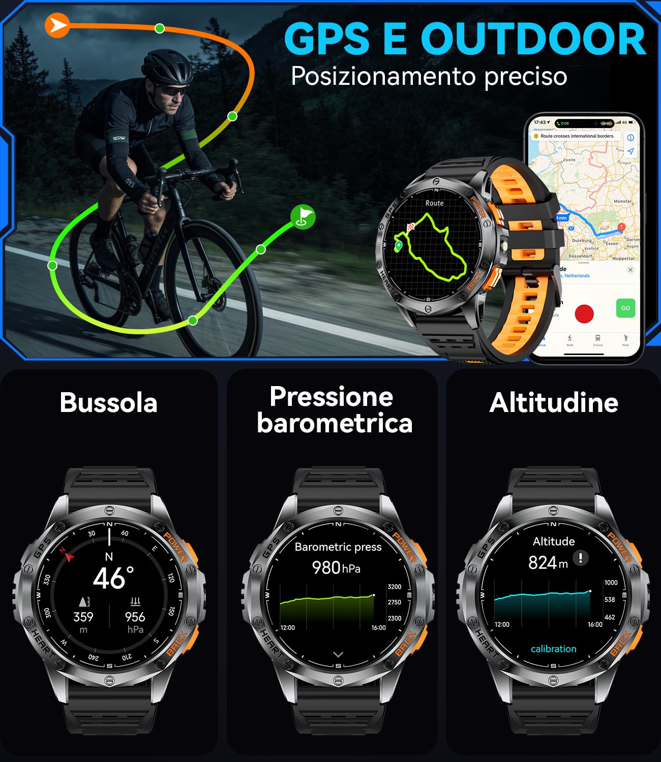 LIGE Smartwatch Uomo GPS, Barometro/Altimetro/Bussola, AMOLED 1,43" Smart Watch Militare con Torcia LED, Chiamate Bluetooth, 170+ Modalità Sport, 5ATM, Monitoraggio Salute per Android iOS,DM1-H
