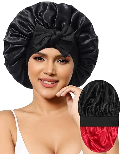 Gorro de satén para mujer, gorro de seda para dormir, gorro de pelo rizado con banda de corbata, doble capa para dormir, envoltura para el cabello