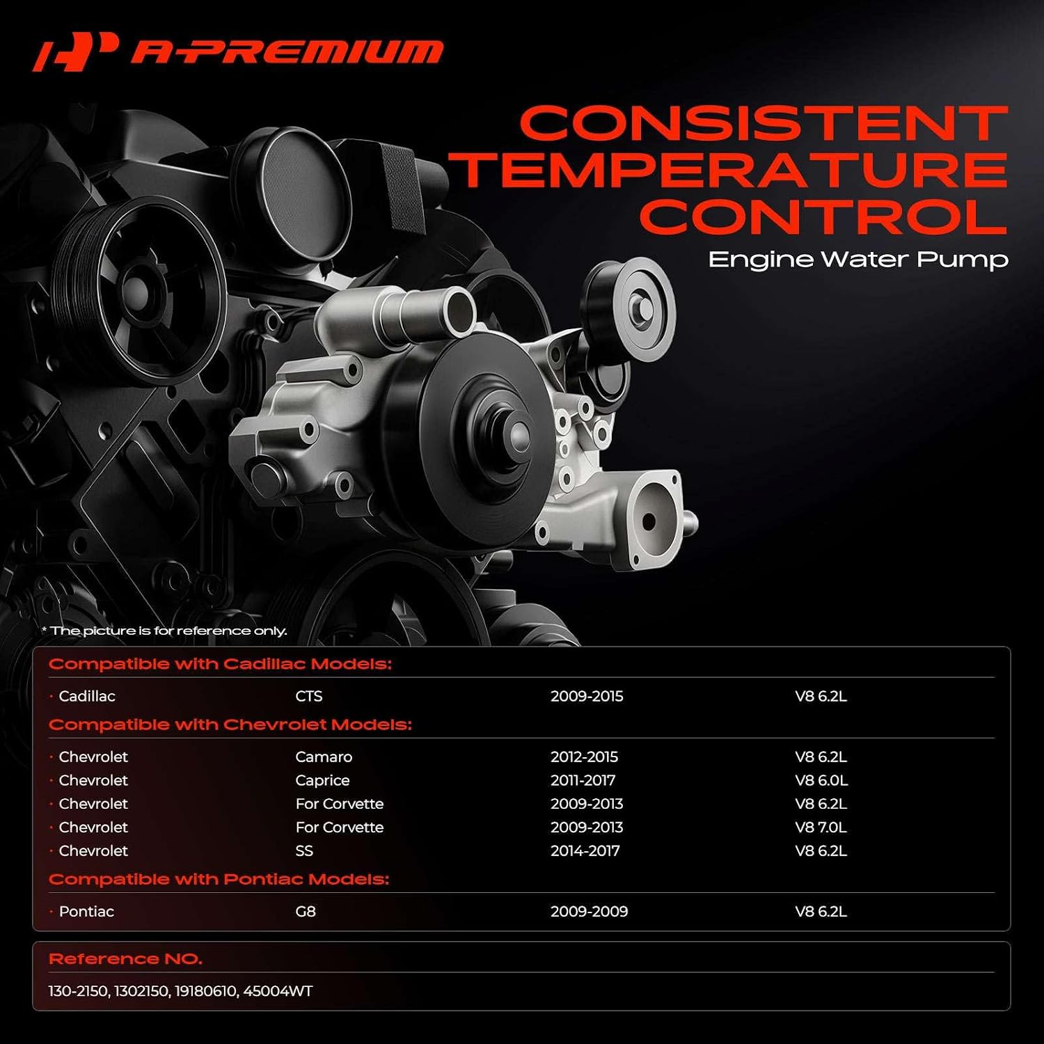 A-Premium Engine Water Pump with Gasket & Pulley Compatible with Chevrolet Camaro 2012-2015 Caprice 2011-2017 Corvette SS & Cadillac CTS & Pontiac G8