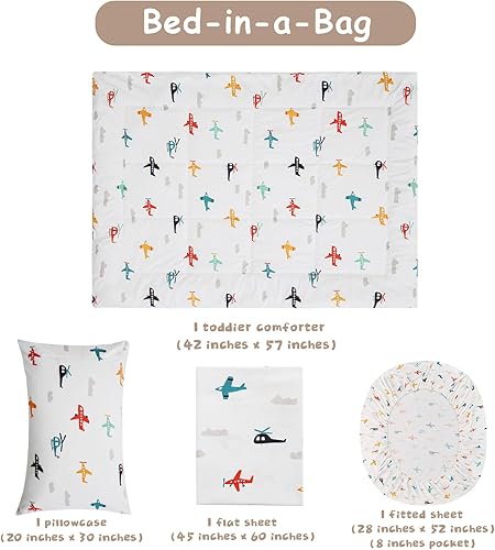 Miniatura 4 de JSD Juego de ropa de cama de 4 piezas con diseño de avión para niños y niñas, incluye sábana encimera, sábana bajera, edredón acolchado y funda de