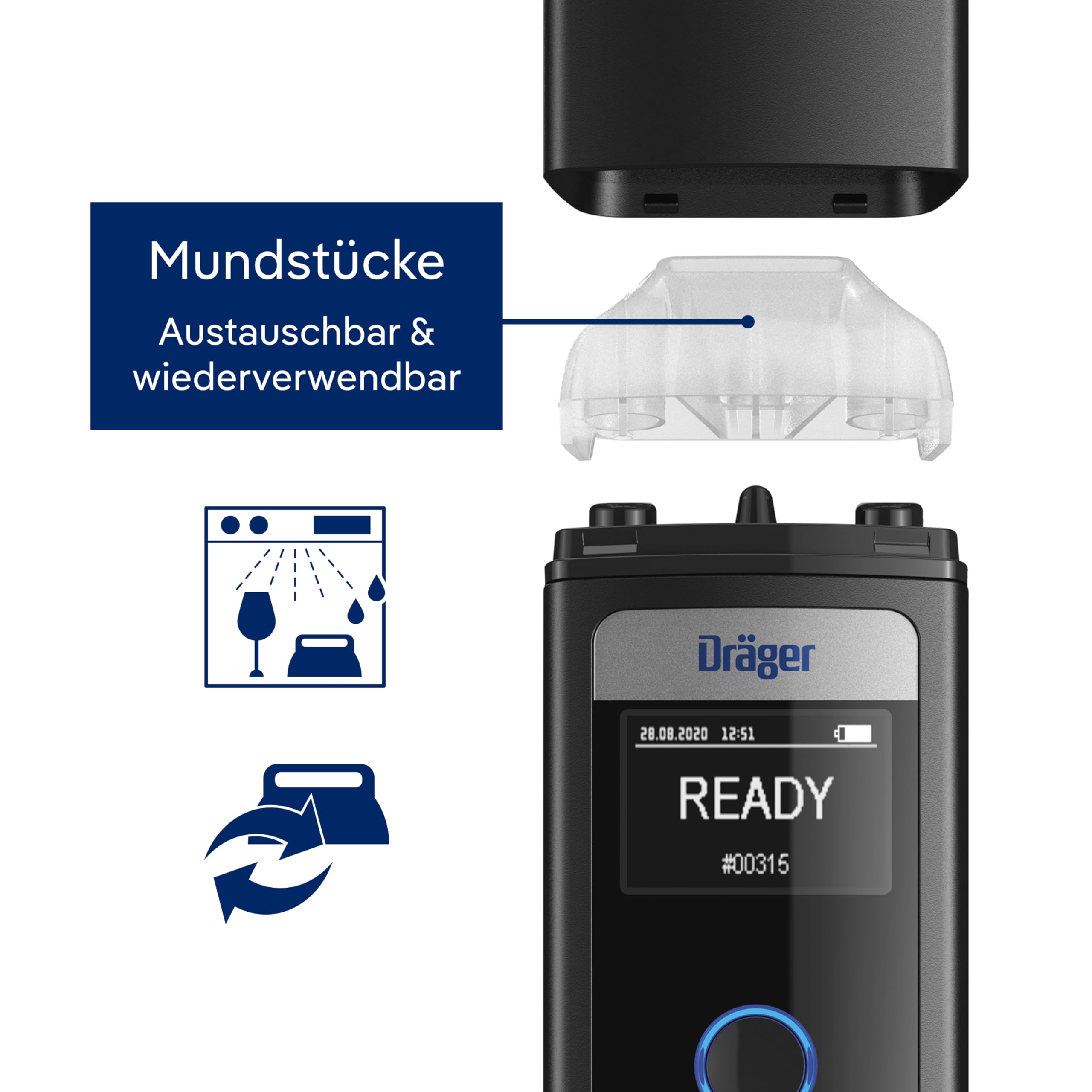 Dräger Alcotest 4000 | Polizeigenau | Alkoholtester mit wechselbarer Batterie, 3 austauschbaren Mundstücken & Aufbewahrungsbeutel | Digitaler Promille-Tester mit leichter Ein-Knopf-Bedienung