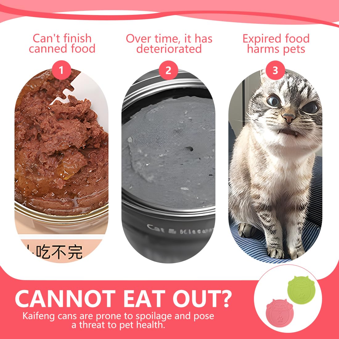 Coperchi 3-in-1 in silicone motivo Maneki-Neko – universali per scatolette gatti/cani, set da 2 (rosso, verde)