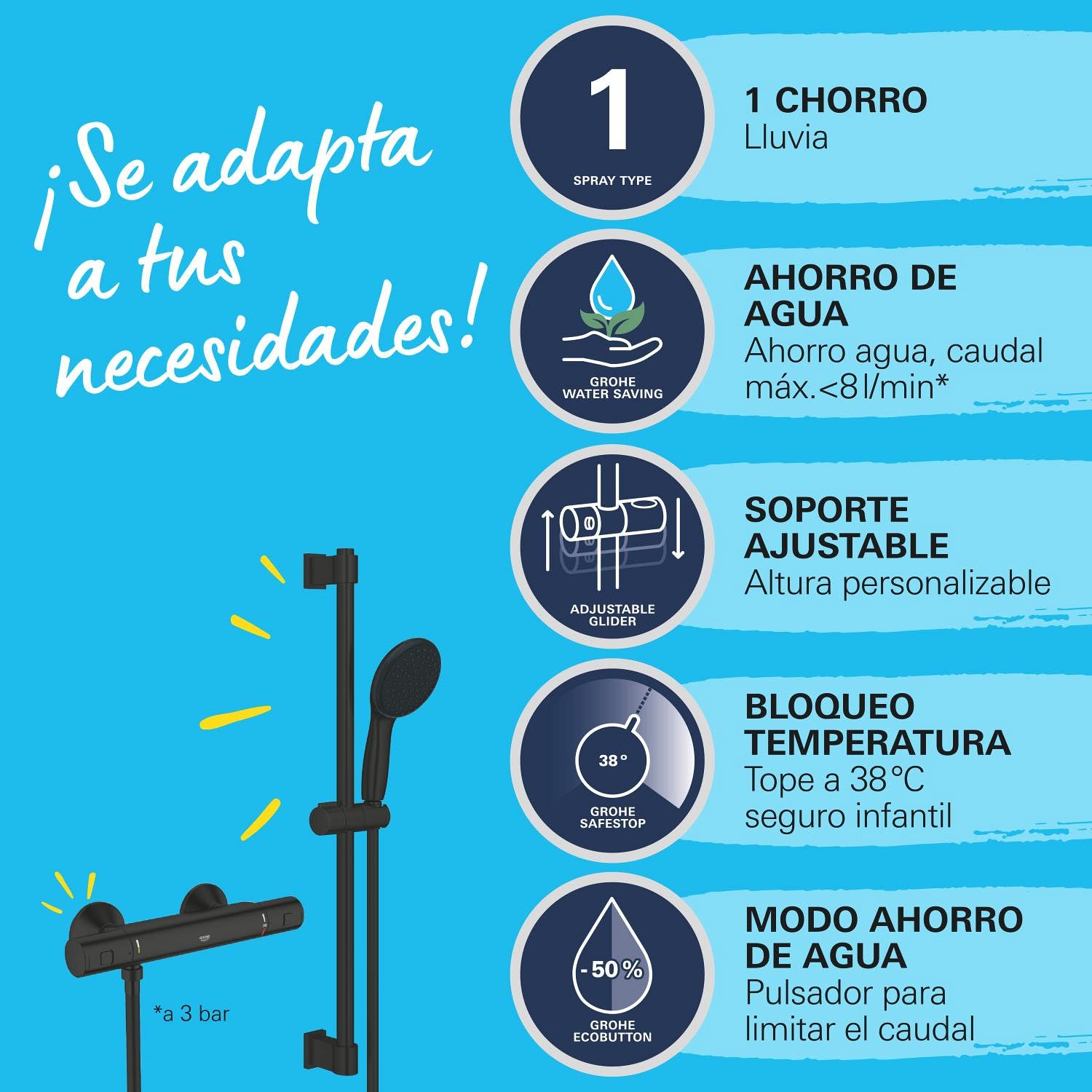 Grohe Precision Start Conjunto de ducha termostático 1/2" (teleducha redonda con 1 chorro, flexo de 1,75 m y barra de ducha de 60 cm, ahorro de agua, función de seguridad) Negro Mate, 345972431