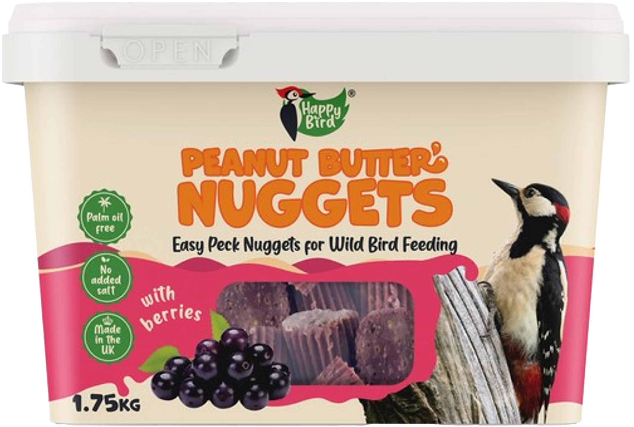 Happy Bird Peanut Butter & Berry Nuggets for Wild Birds Berry 1.75 kg - Palm Oil Free, No Added Salt, 1.75 kg (Pack of 1)