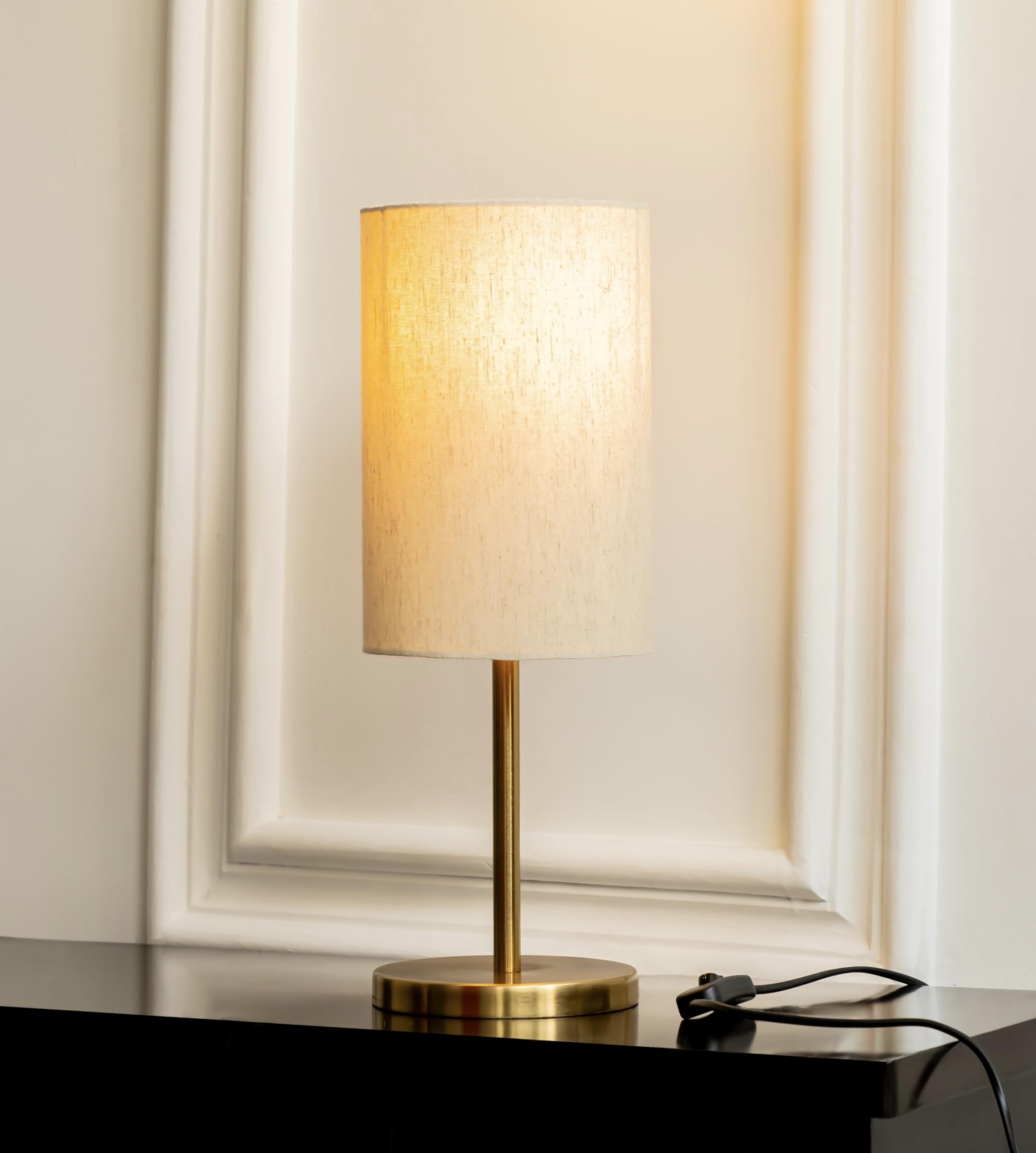 Divine Trends Table LED Lamp Modern Sleek Brass Antique Finish 19 Inches Height With Off White Cylinder Lampshade For Bedroom, Living Room, Bedside (Pack Of 1)