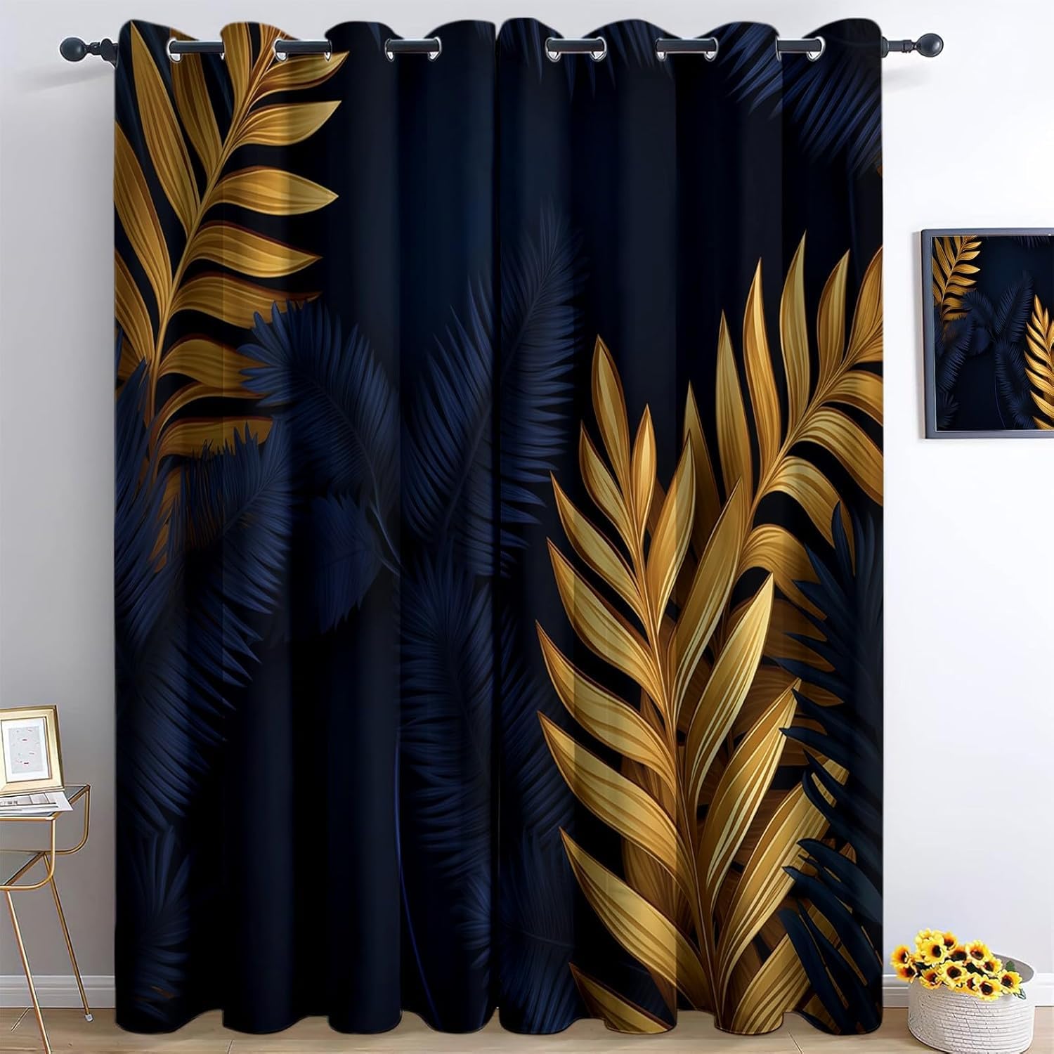 Rideaux occultants bleu foncé motifs palmier dorés 110x215 cm