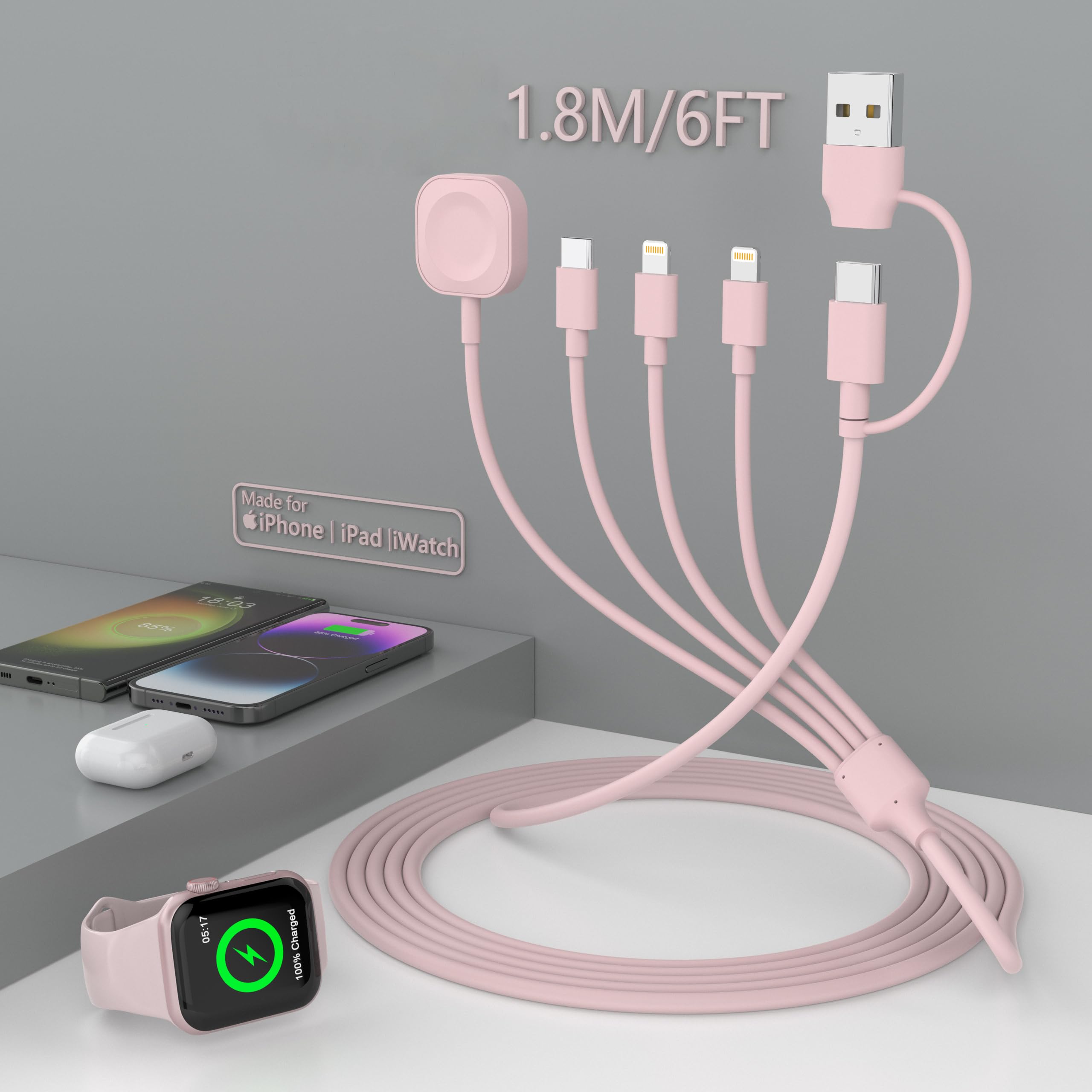 Travel Multi 6-in-1 USB C Universal Smart Watch Fast Charging Cable,1.8M/6FT Type C+USB A Watch Charger+Lightning+Type C Cord Combo Adapter for iWatch Series9 8 7 6 5 4 3 2SE/iPhone 15 14 13/iPad Pro