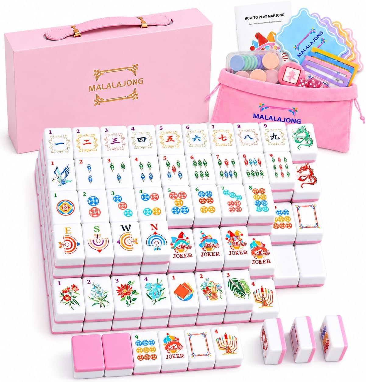 Pink Mahjong Tile Set, 168PCS Premium Melamine American Mahjong Game Sets 1.2” Mahjong Tiles with Portable Gift Box for Majong Players Girls’ Night & Weekly Clubs