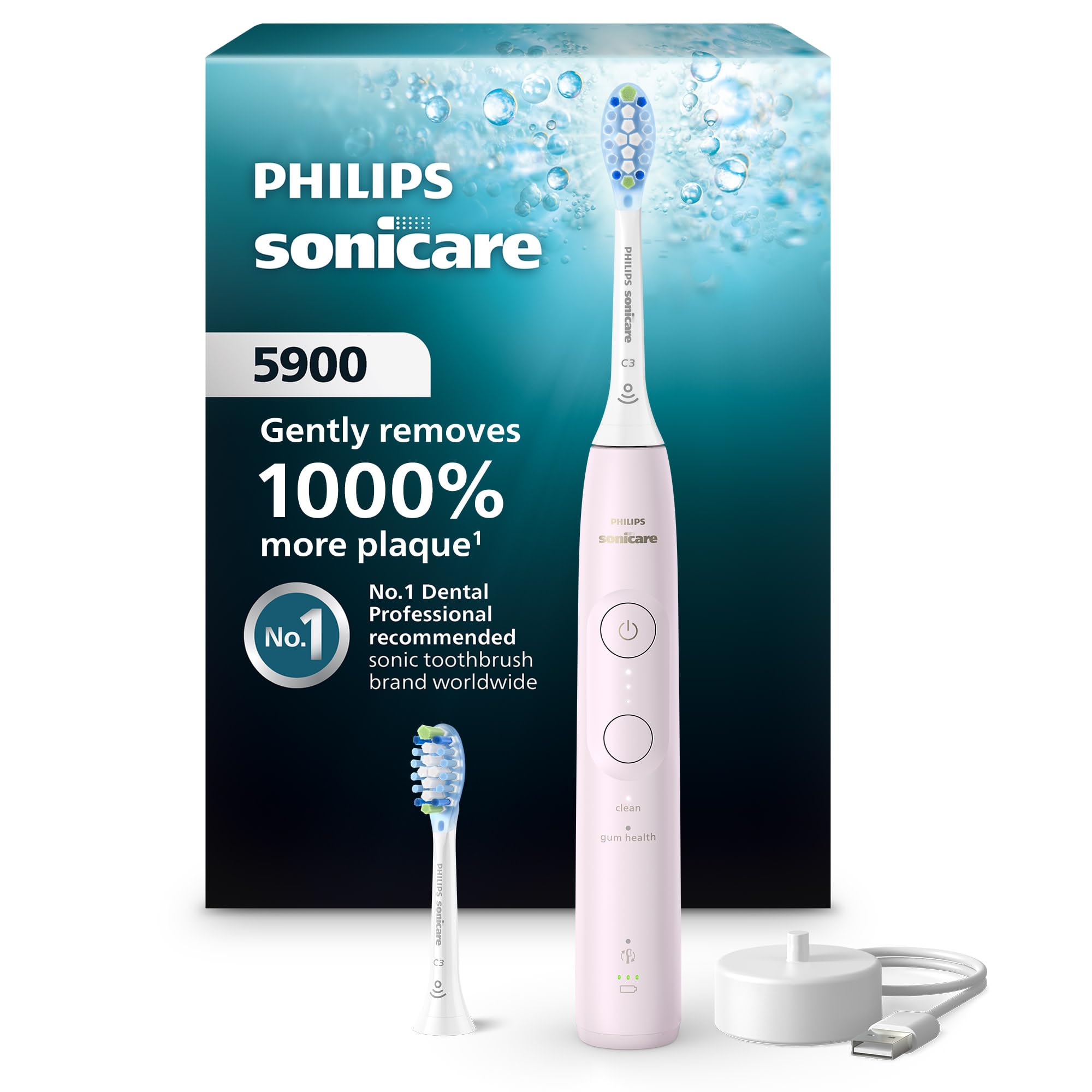 Philips Sonicare 5900 Series Electric Toothbrush - Next-Generation Sonicare Technology, Pressure Sensor, 6 Brushing Settings, SmarTimer, BrushPacer, 21-Day Runtime, Light Pink, Model HX7132/02