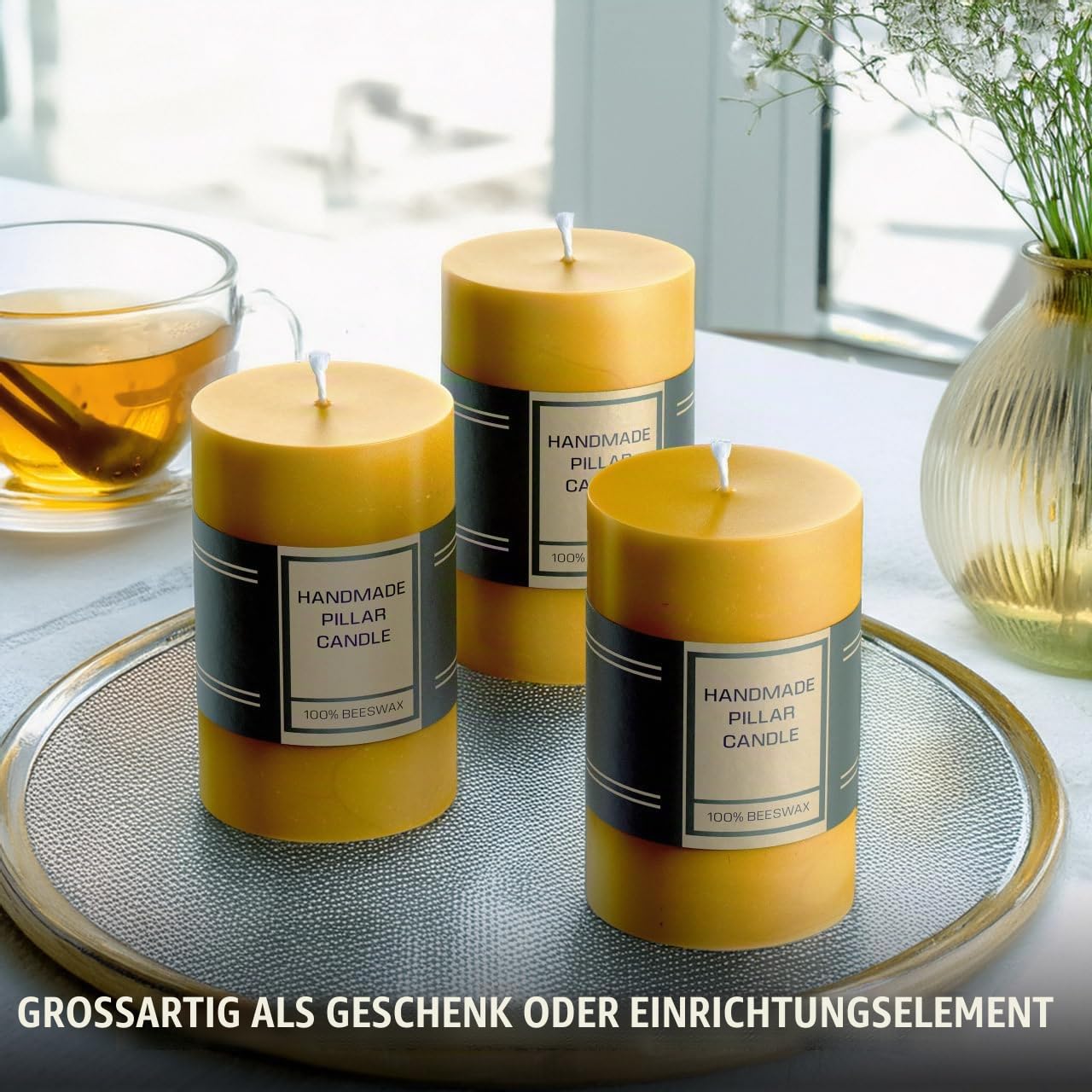 3er-Set Natürliche Bienenwachs-Säulenkerzen – Handgefertigt & Duftfrei – Baumwoll-Docht für Sauberes Abbrennen – 21 Stunden Brenndauer pro Kerze – Beeswax Pillar Candles Set