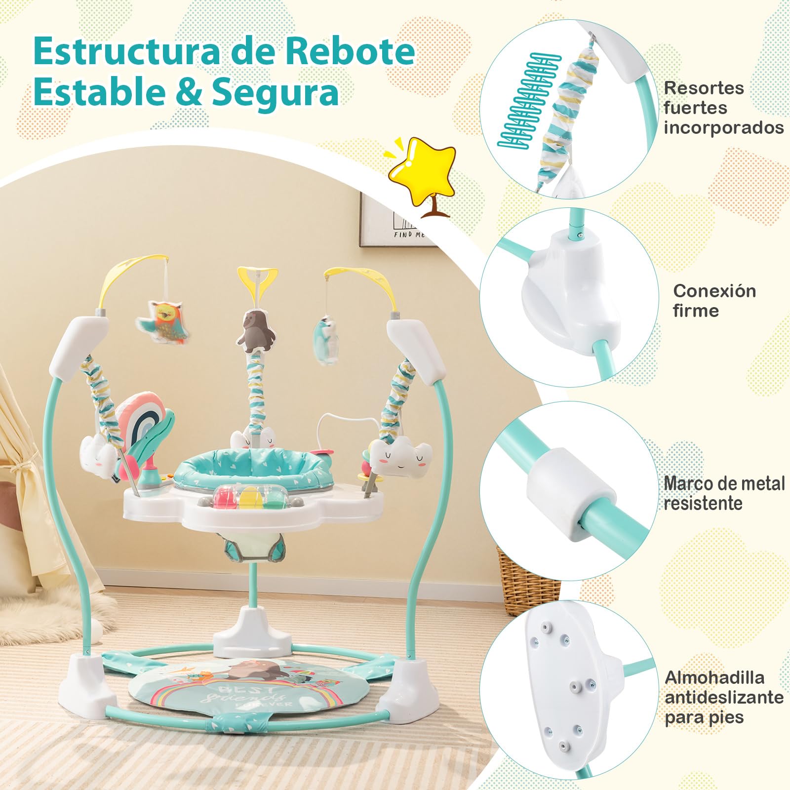 COSTWAY Centro de Actividades Zoológicos para Bebés, Saltador Bebe con Altura Ajustable y Juguetes Interactivos, Bandeja de Música con Luces y Sonido, para Bebés de 6+ Meses (Azul)