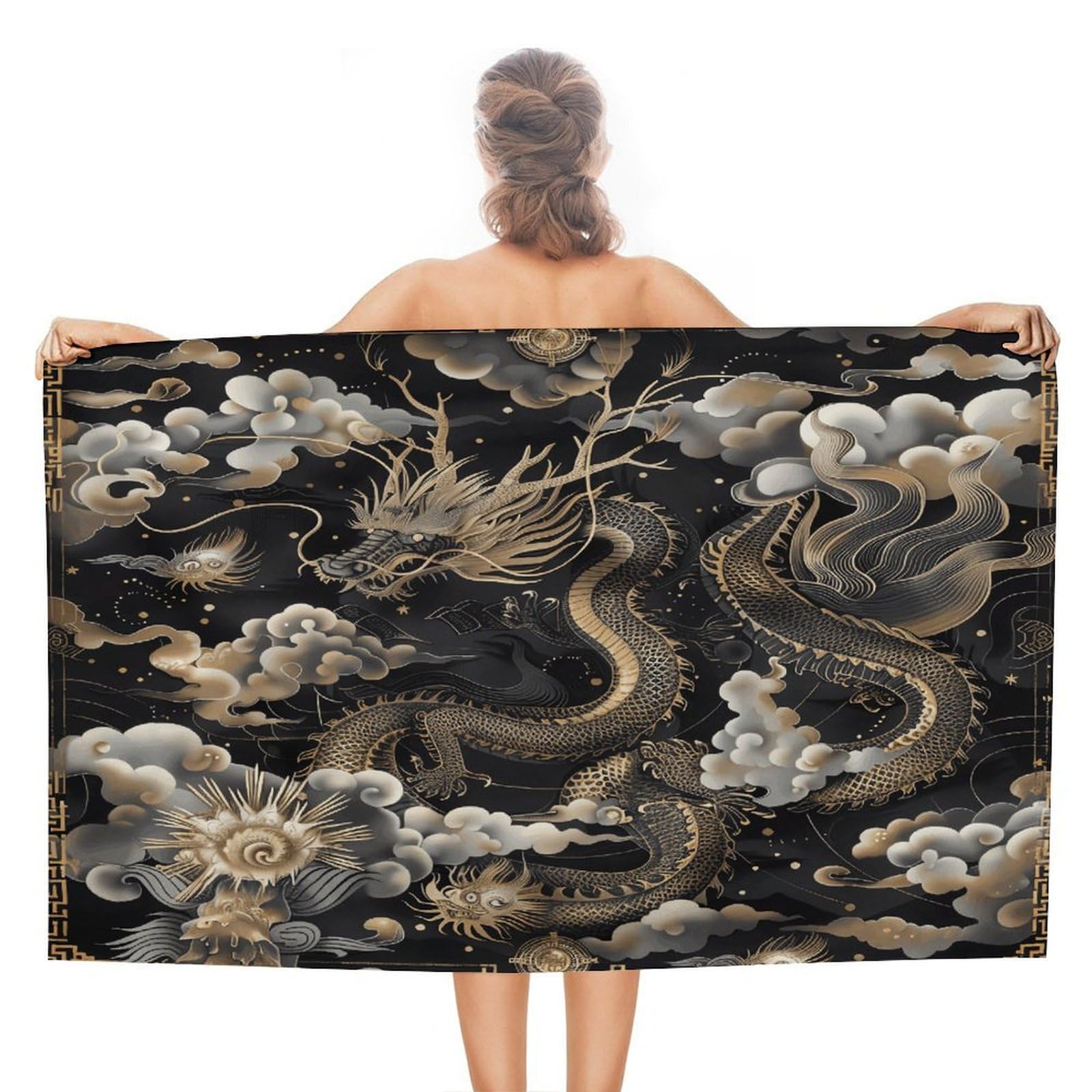 VstaDank Black Chinese Dragon Beach Towel 51x31 Inch Oversized Soft Bath Towel Luxury Plush Thick Hotel Swim Pool Towels Super Quick Dry Travel Towels for Camping Gym Sports Yoga