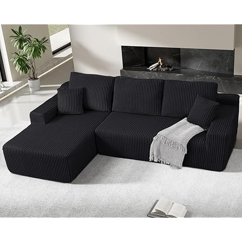 105" Cloud Sectional Couch, L-Shaped Modular Sectional Sofa with Deep Seat, Boneless Couches for Living Room Bedroom, Corduroy Upholstery Black, Left Facing Chaise