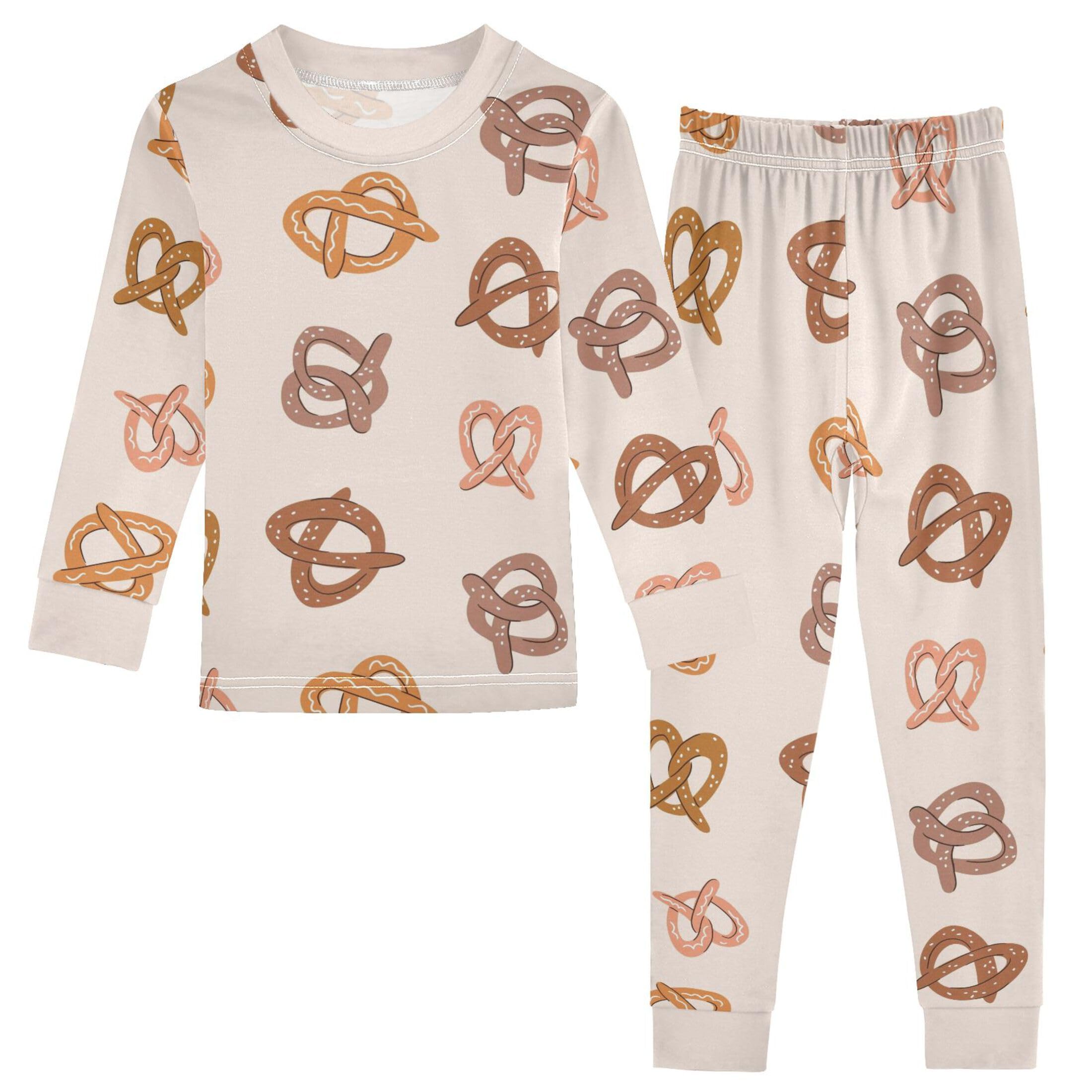 Vozoza Cute Pretzel Beige Pajama Sets Long Sleeve Top with Pants Cotton Soft Sleepwear 2 Piece Pjs Set Size 4T