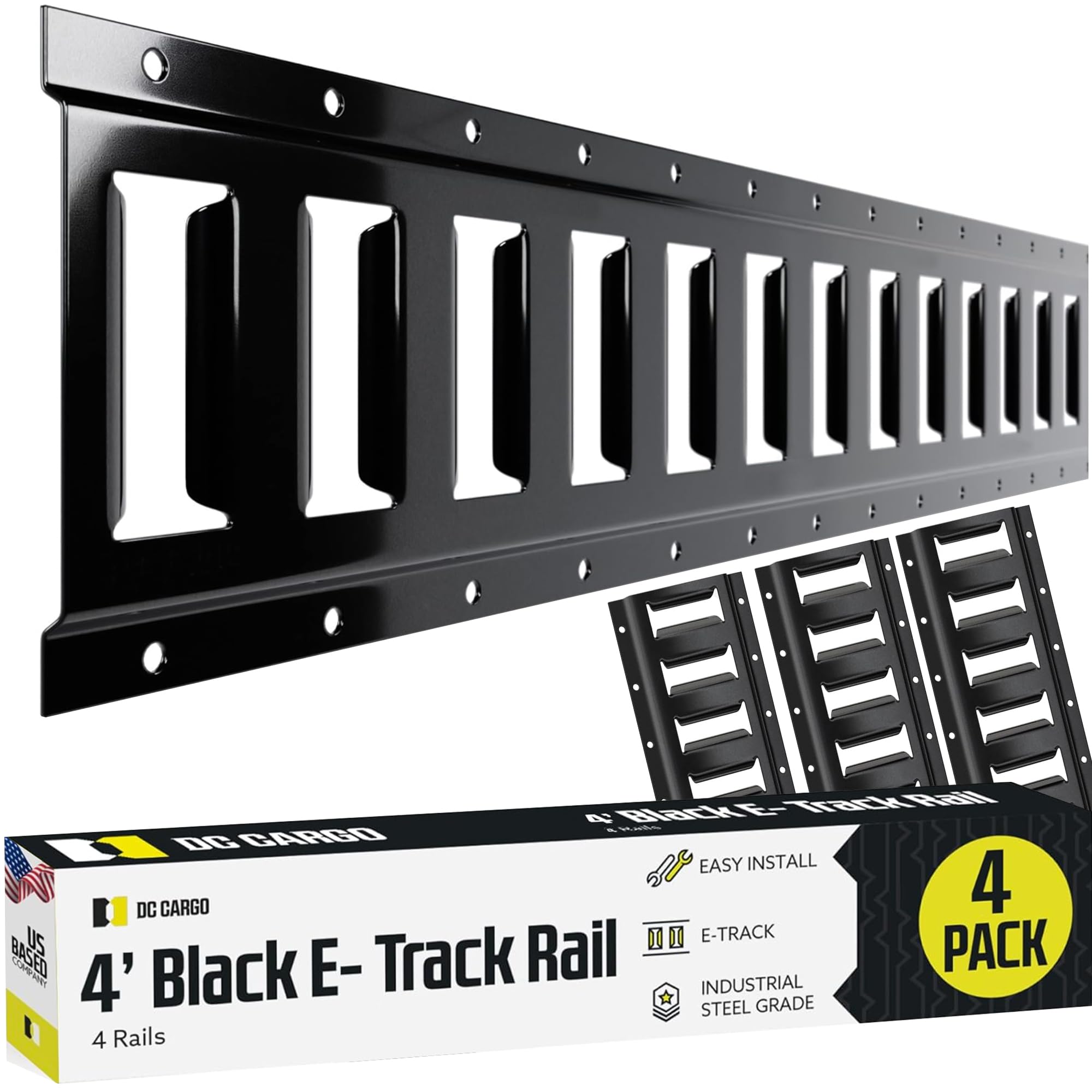 DC Cargo Mall E Track Tie Down Rail Kit 4' (4 Pack) for Garages, Vans, Trailers, Motorcycle Tie Downs, ATV Mountings - Powder-Coat Black - Secure Cargo & Heavy Loads Up to 2,000 lbs