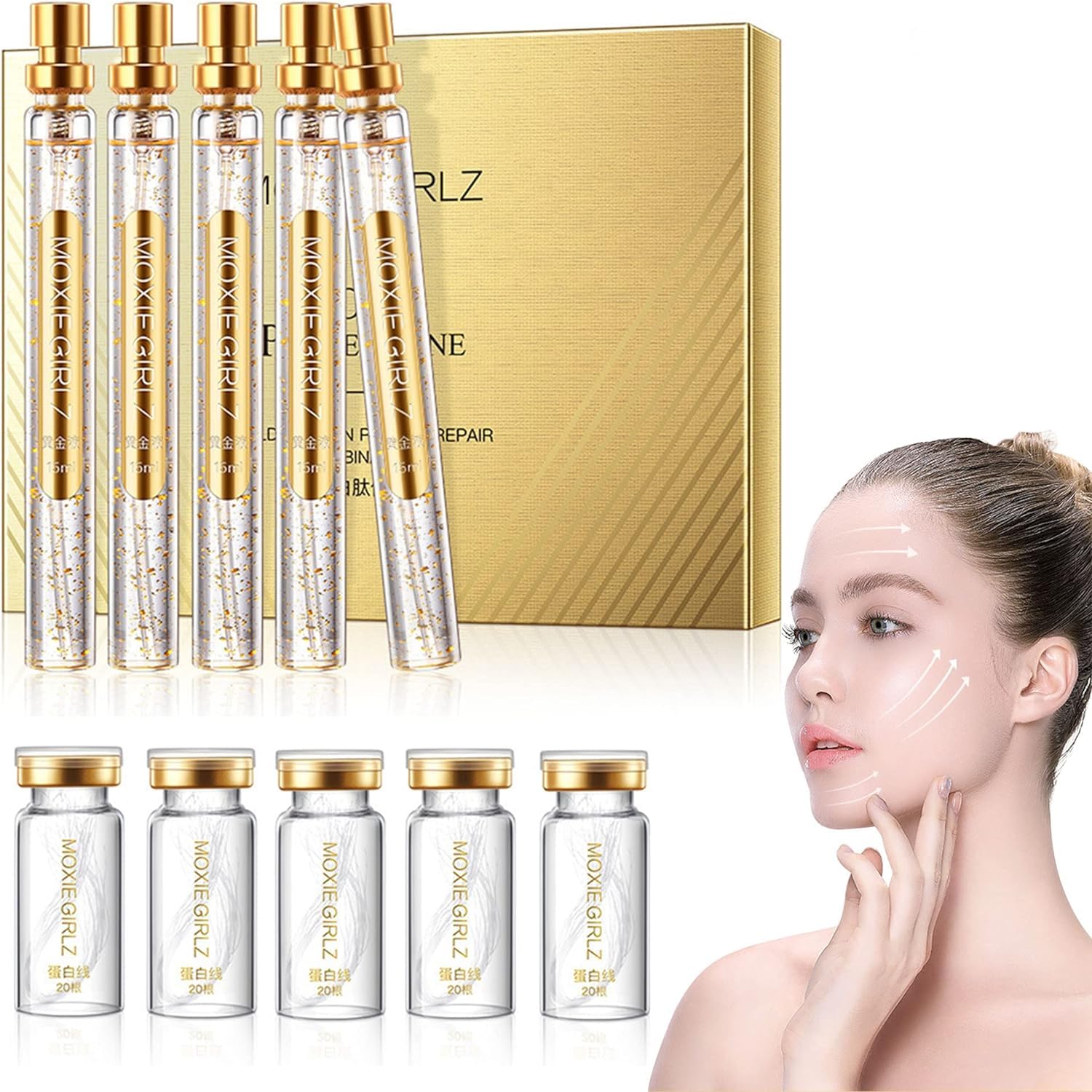 Instalift Protein Thread Lifting Set, Soluble Protein Thread and Nano Gold Essence Combination, Protein Threads Absorbable Collagen Thread for Face Lift, Smoothes Fine Lines (1 Sets+5 Protein Thread)