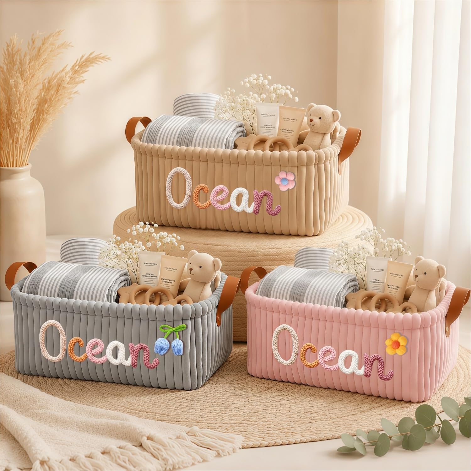 BFBZYME Custom Baby Name Organizer Basket, Personalized Foldable Monogram Corduroy Diaper Caddy, Portable Storage Bin with Handles for Wipes Swaddles