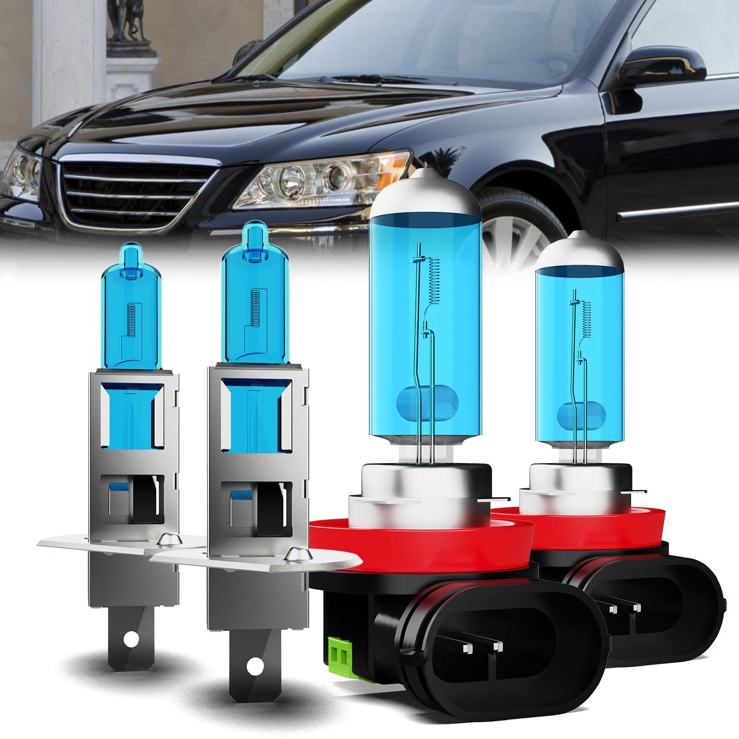 Headlight Bulbs Compatible With Hyundai Sonata 2010, H1 High Beam + H11 Low Beam Halogen Light Bulb Combo, Super Bright 6000K White, Plug and Play, Pack of 4