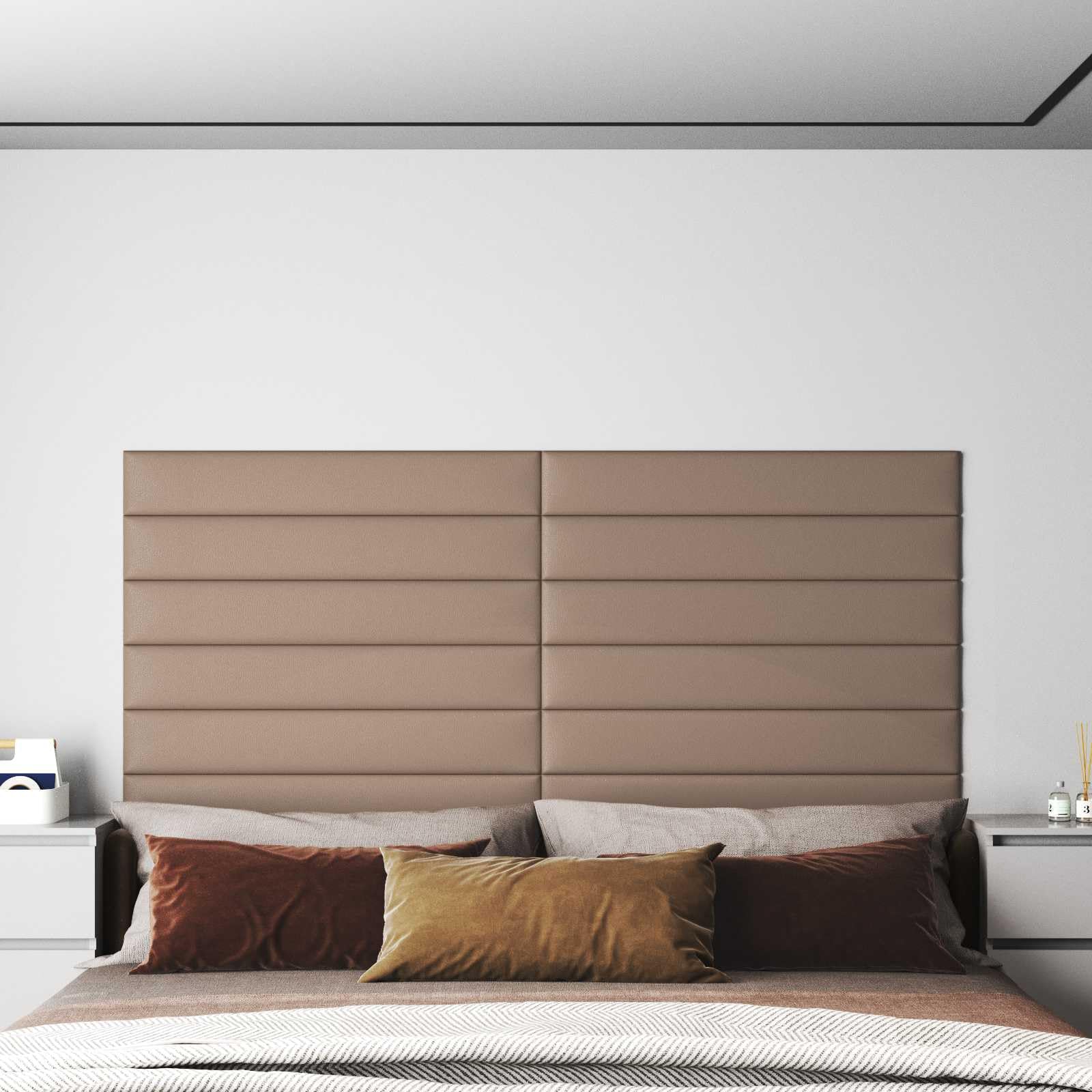 Juego de 12 cabezales de pared, 90 x 15 cm, color capuchino, 90 x 15 cm, paneles decorativos para dormitorio interior, renovación de aspecto moderno
