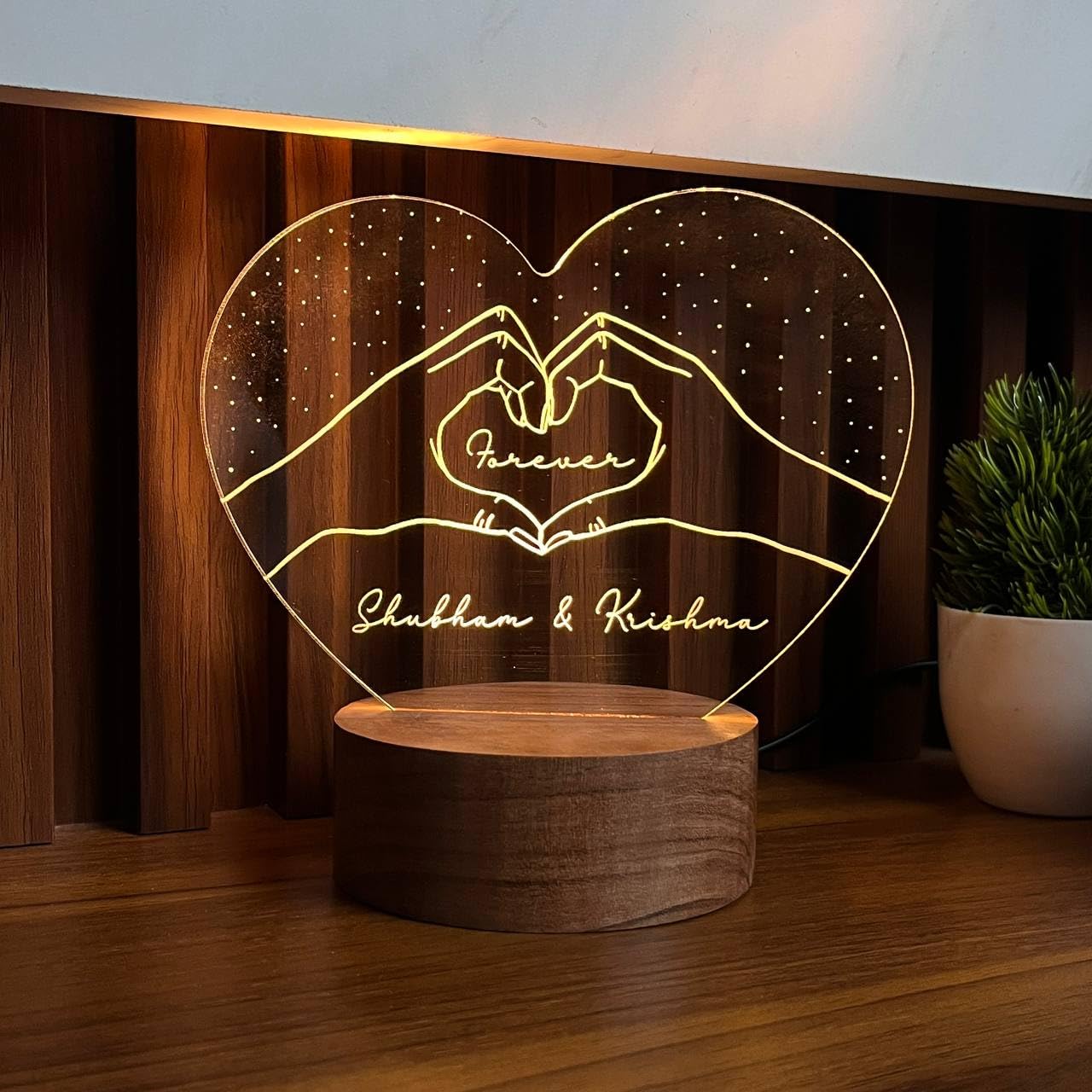 Personalized Wedding Anniversary Gift for Couple with Engarved Names & Date | Engagement Valentine Love Name LED Lamp (Heart Hands Design 2)-image-26