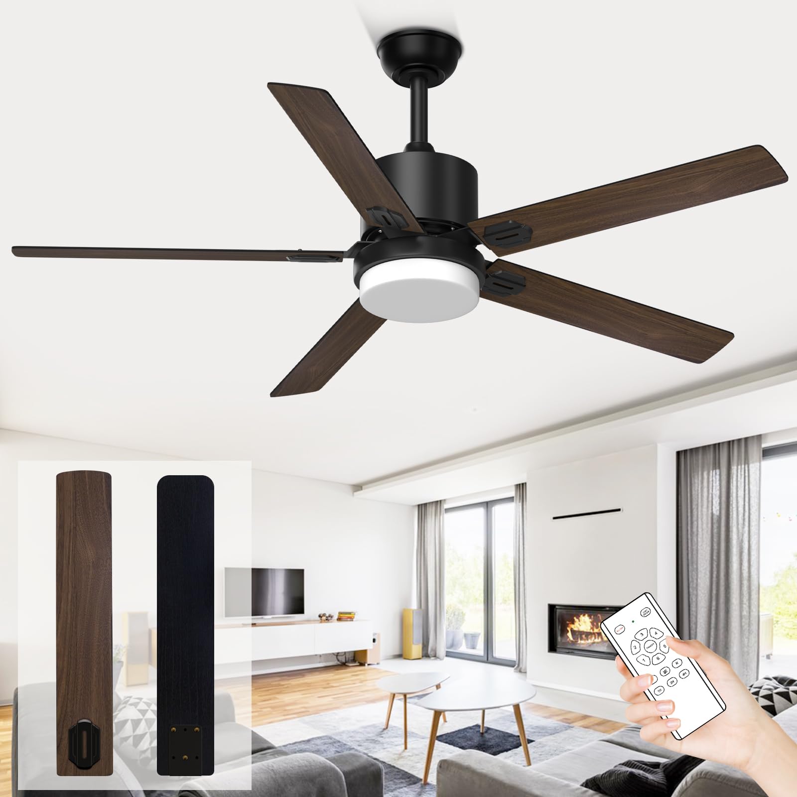 Jayjuly Ceiling Fans with Lights, 52-inch Outdoor/Indoor Fan with Remote Adjustable Light 6 Speed Reversible DC Motor for Patio Bedroom Living Room, Matte Black, (5 Blades)