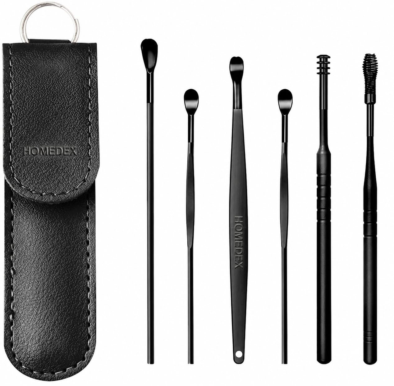 6-piece ear wax removal kit stainless steel with leather pouch | ear wax removal kit with spiral ear spoon offers secure grip for stubborn wax and includes 6 piece cleaning tool set.