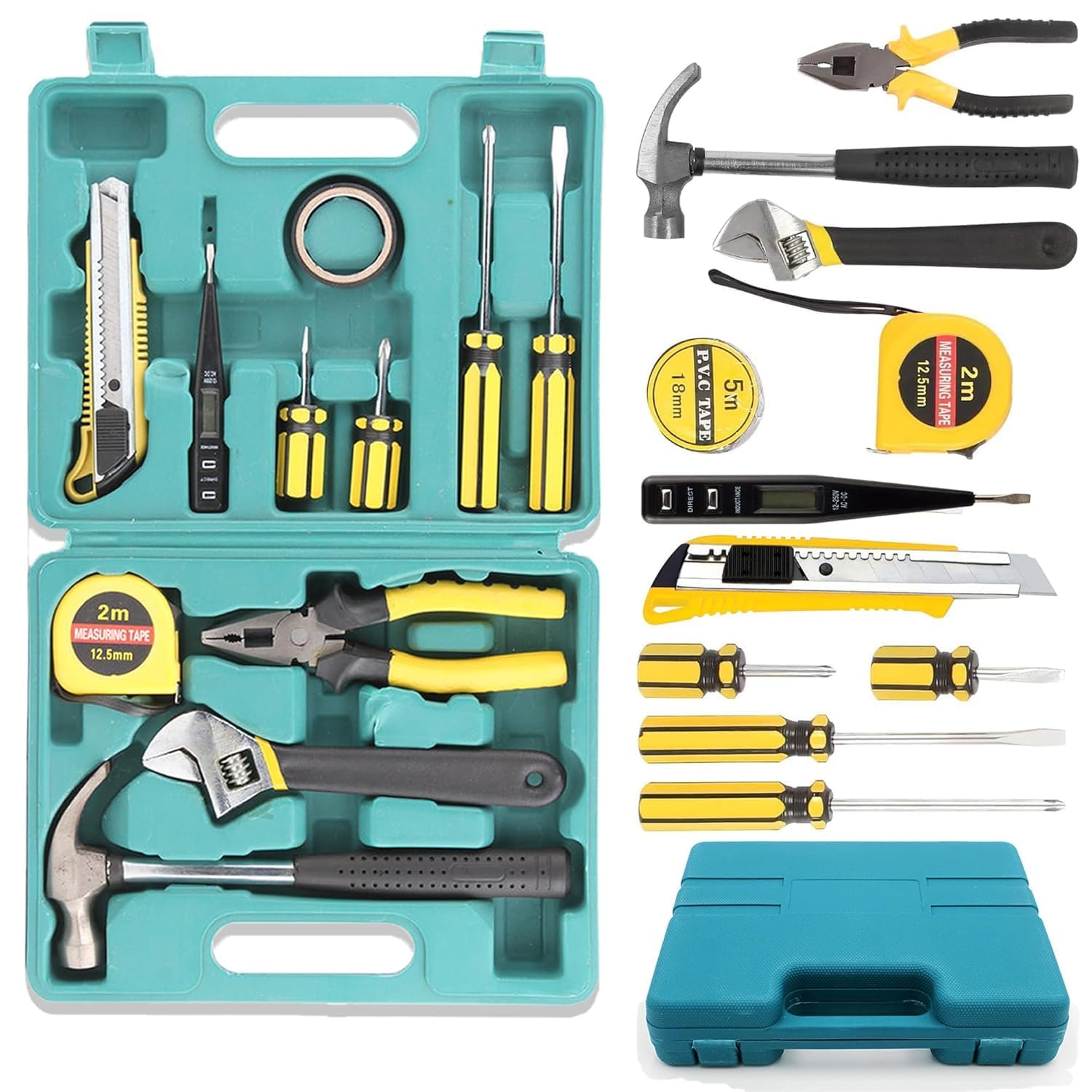 12-in-1 Electrical Repair & Home Hand Tool Kit Set – Multipurpose Hardware Toolbox with Screwdriver, Hammer, Wrench, Measuring Tape, Cutter, and Pliers | Mechanical Garage & Household Tool Storage Kit