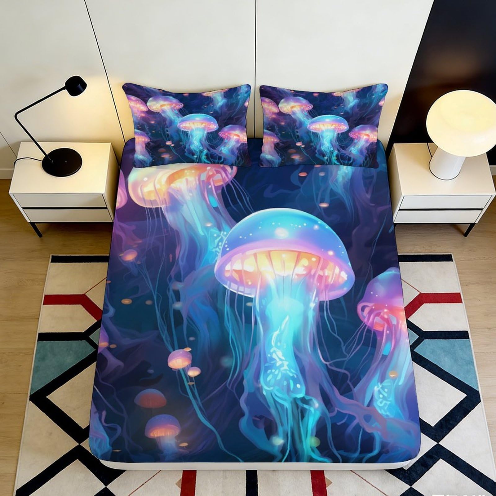 3D Printed Glowing Jellyfish Fitted Sheet Microfiber Soft Mattress Cover Ocean Dream Bed Sheet for Bedroom Dorm Decor, Easy Care 90x200x25cm