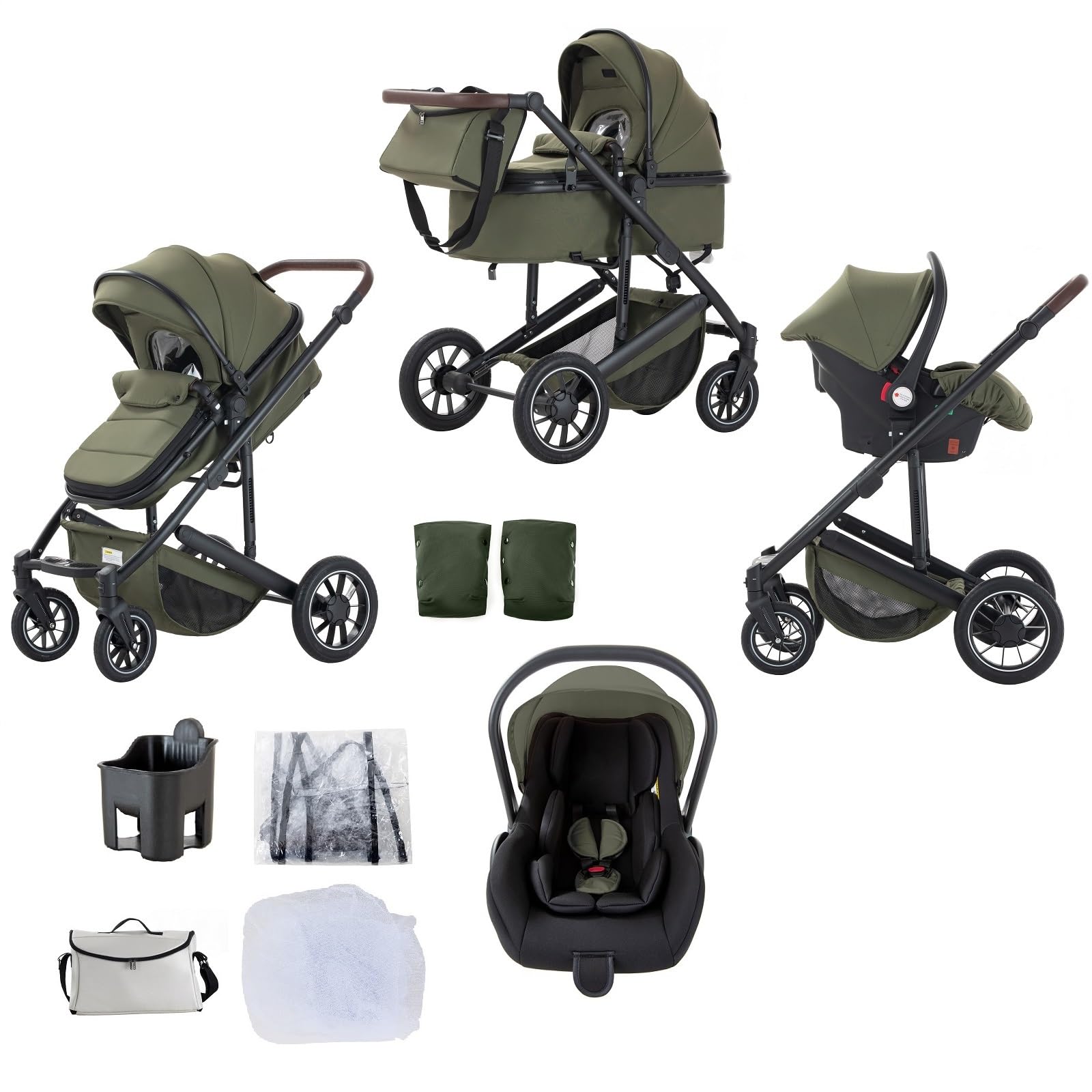 Cochecito Bebe 3 Piezas,Verde-Conjunto de Silla de Paseo&Silla de Coche,Silla de Paseo Reversible con asa Ajustable,Cesto Para Dormir&Capazo con Cubrepiés,Cubrepiés elevado,0-4,22KG